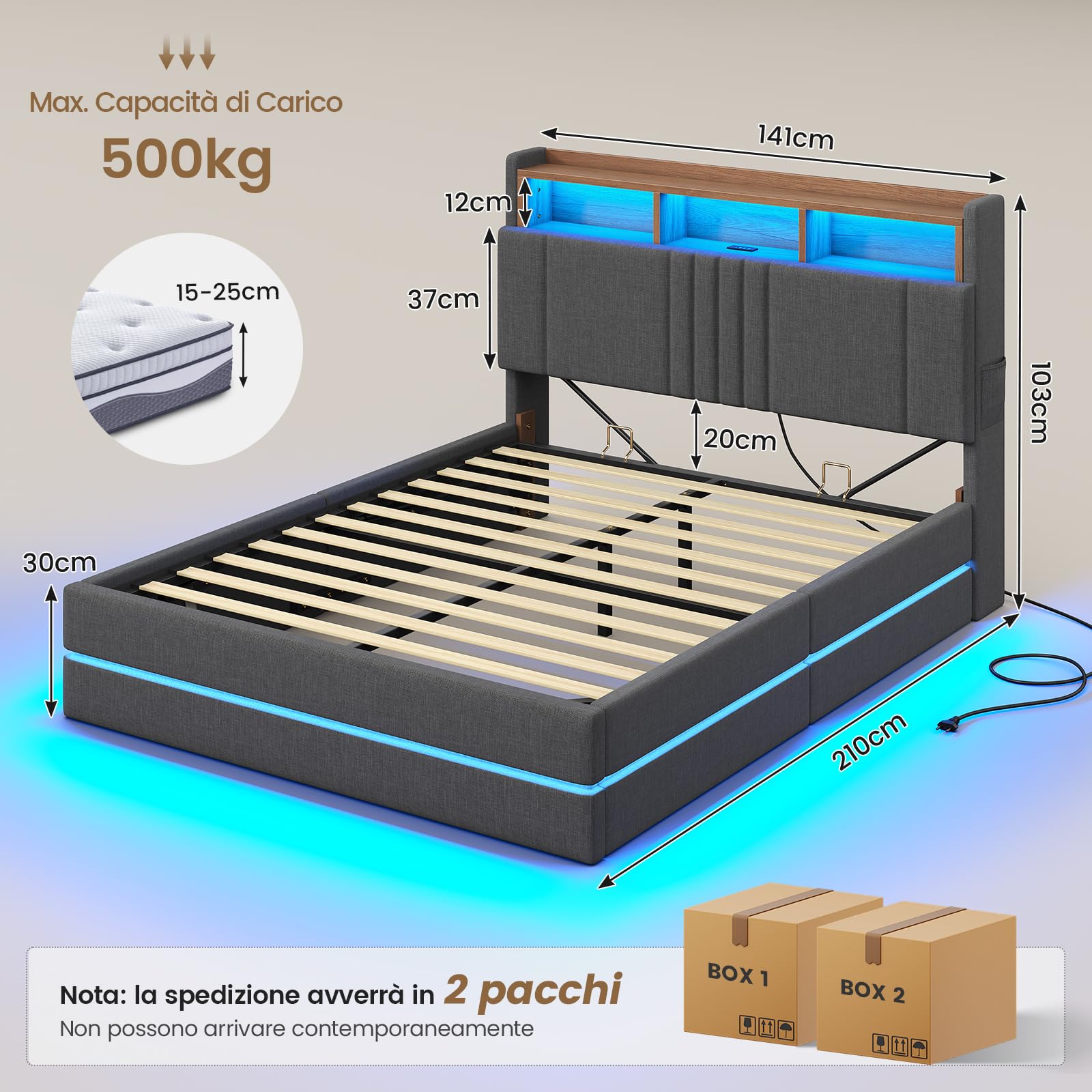 AOGLLATI Letto Matrimoniale 140x190 con Sollevamento Idraulico Grigio Scuro