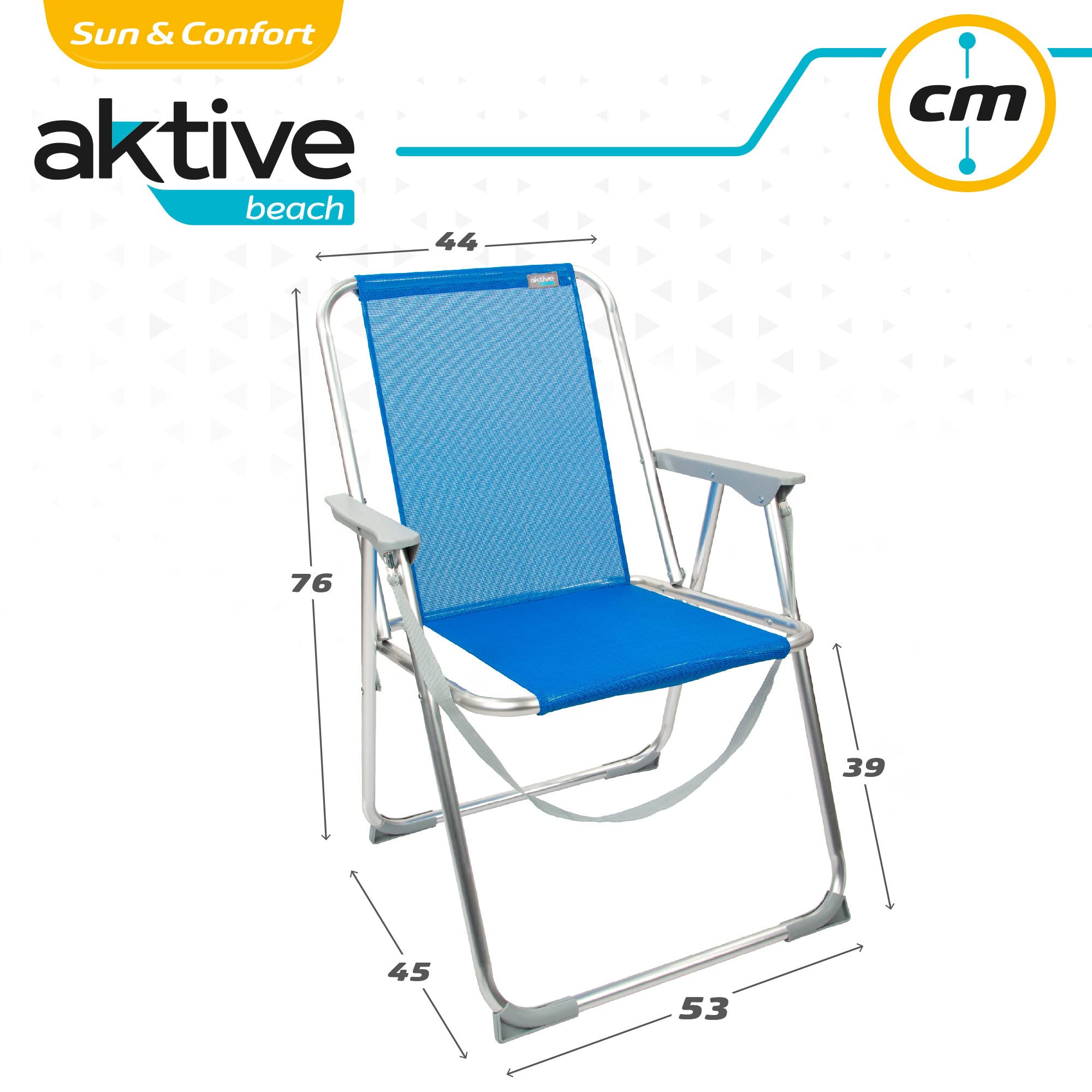 AKTIVE 62606 - Silla plegable de playa, Sillas respaldo fijo, color azul, 44x45x76 cm, con asa de transporte, topes antivuelco, ligeras y resistentes