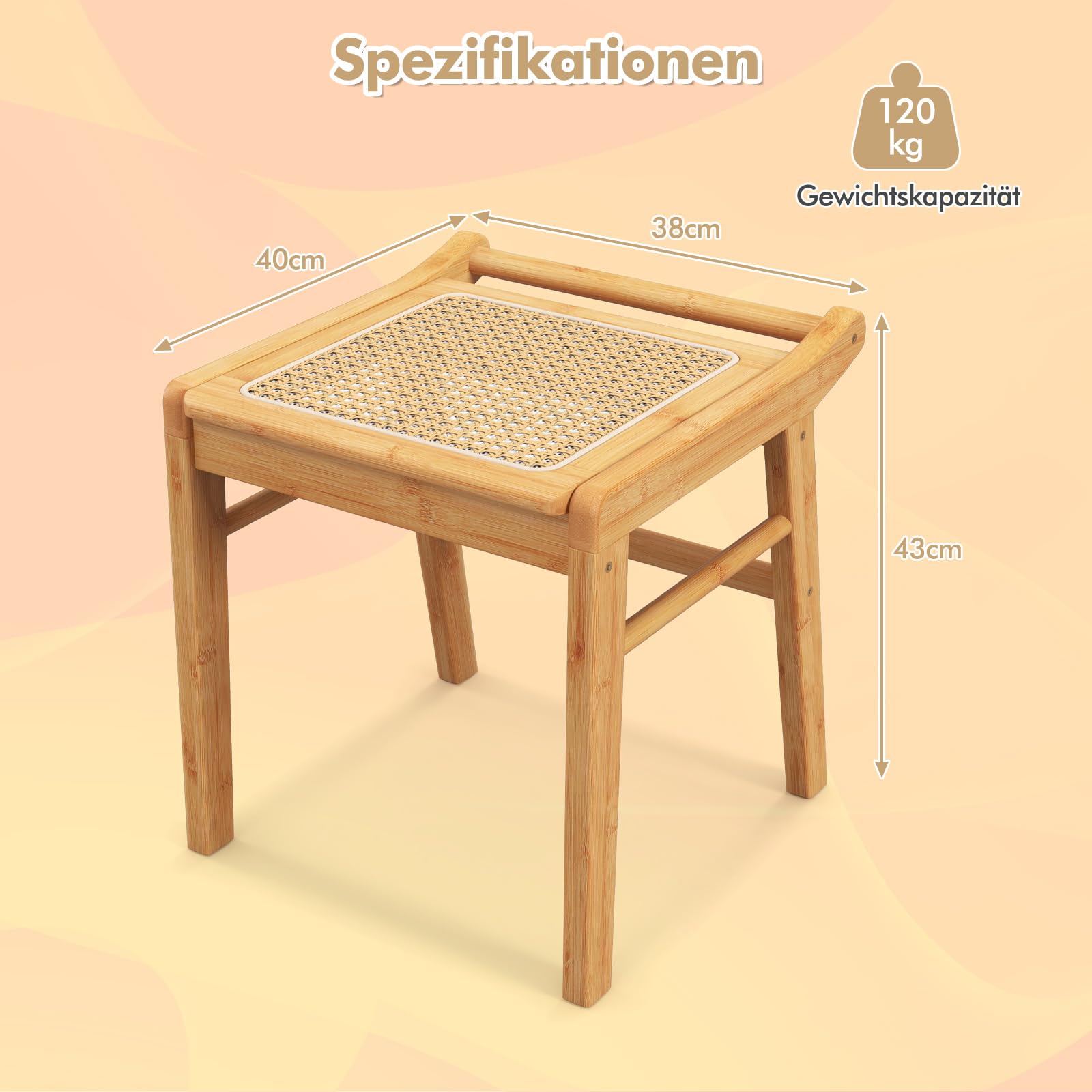 RELAX4LIFE Sitzhocker, Hocker aus Bambus, Schminkhocker mit Rattan-Oberfläche & rutschfeste Füßen, Sitzbank für Eingangsbereich Wohnzimmer Schlafzimmer, 40 x 38 x 43 cm, Natur