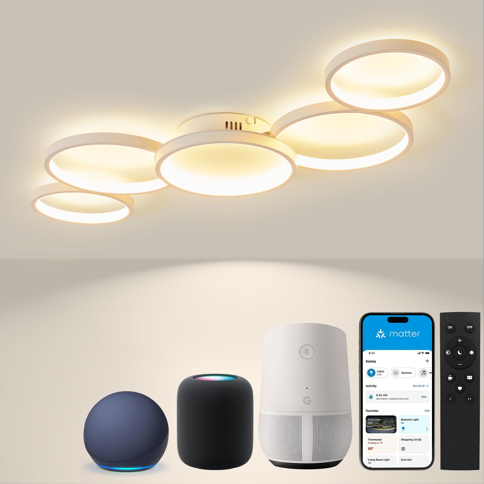 Plafoniera LED Dimmerabile 28W Con Telecomando - 50 Cm - Design 2 Anelli - Compatibile HomeKit, Alexa, Google - 3000K-6500K - 4
