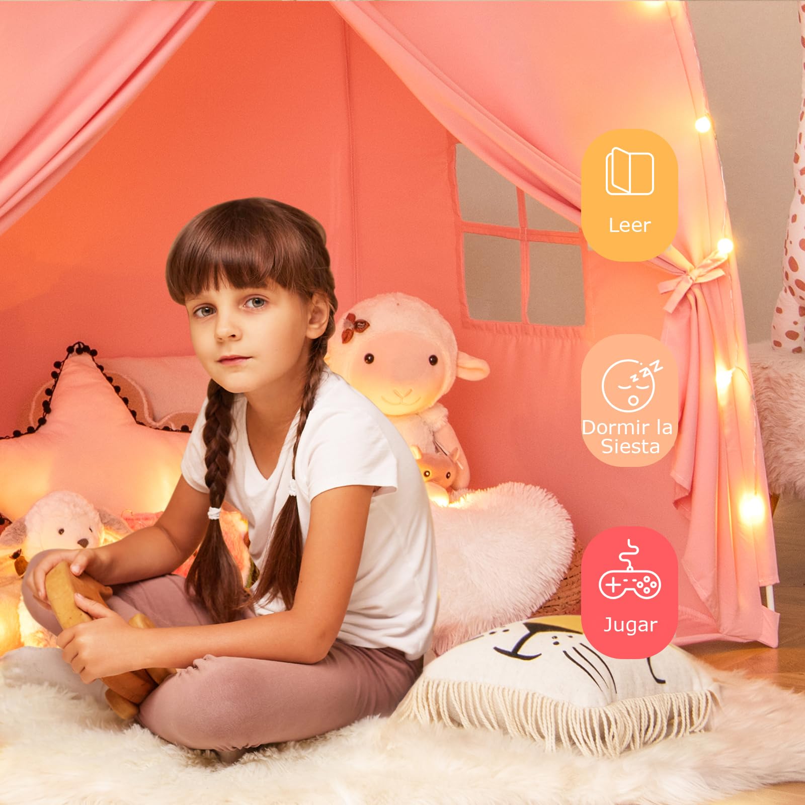 GOPLUS Tienda Grande para Niños, Casa de Juego en Forma de Cúpula con Luces Brillantes, Banderines, 2 Puertas 2 Ventanas, Tienda Tipi Lavable a Máquina para Niños de 3+ Años (Rosa)
