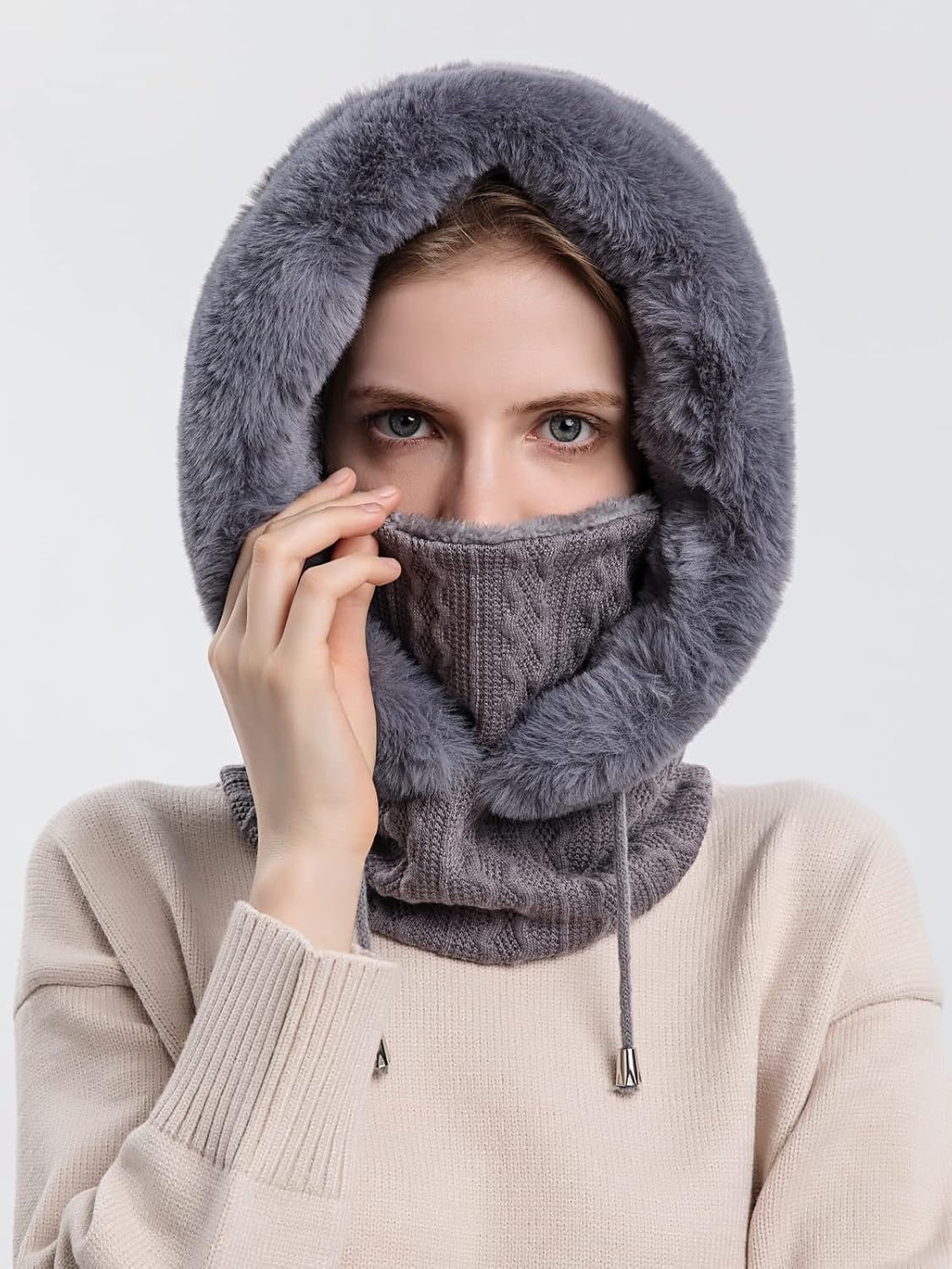 Winter Hats for Women One Piece Slouchy Beanie Scarf Mask Warm Faux Fur Hooded Balaclava Pullover Knitted Cap - Image 5