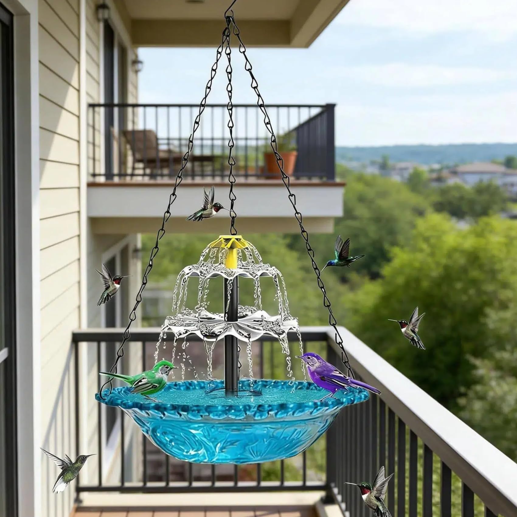 Solar Cascade Hanging Bird Bath Fountain Solar Fountain for Bird Bath, Outdoor Hanging Bird Bath with Solar Fountain, with Solars Pump Gardens Decorative Garden Yard Patio Bird Bath Fountain (Blue) — view 4