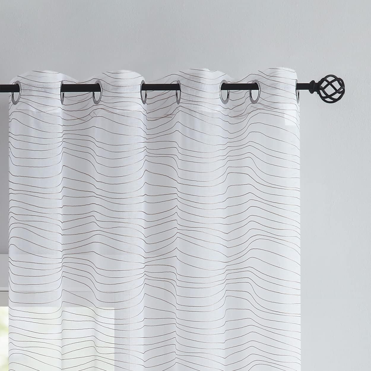 Enactex White Embroidery Sheer Curtain with Beige Wave Pattern 95 Inches Long for Living Room, Modern Design Light Filter Textured Drapes Grommet Window Treatment for Bedroom, 2 Panels