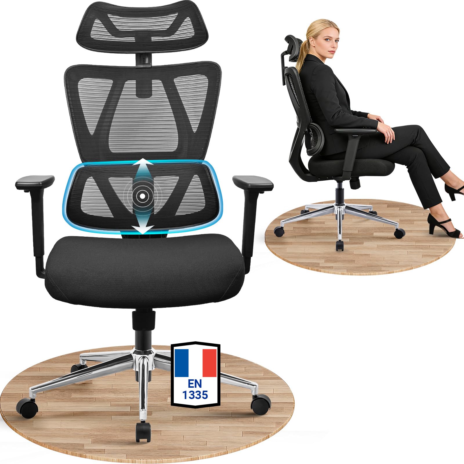 MELOKEA ReliefBack Bürostuhl Ergonomisch 150 kg, Höhenverstellbare Lendenstütze, 3D-Armlehnen, 3-Stufen-Verriegelung, Federkern-Sitzpolster, Großer Schreibtischstuhl EN1335
