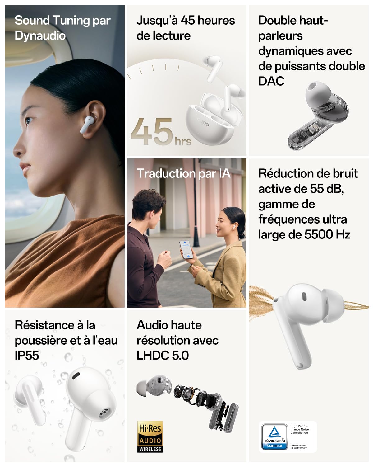 Oppo Enco X3s Écouteurs True Wireless, Auriculaires Bluetooth 5.4 avec Son Dynaudio, Audio Hi-Res LHDC 5.0, ANC Hybride 55dB, 45H d'Autonomie, IP55, Double Drivers Dynamiques, Nebula Silver