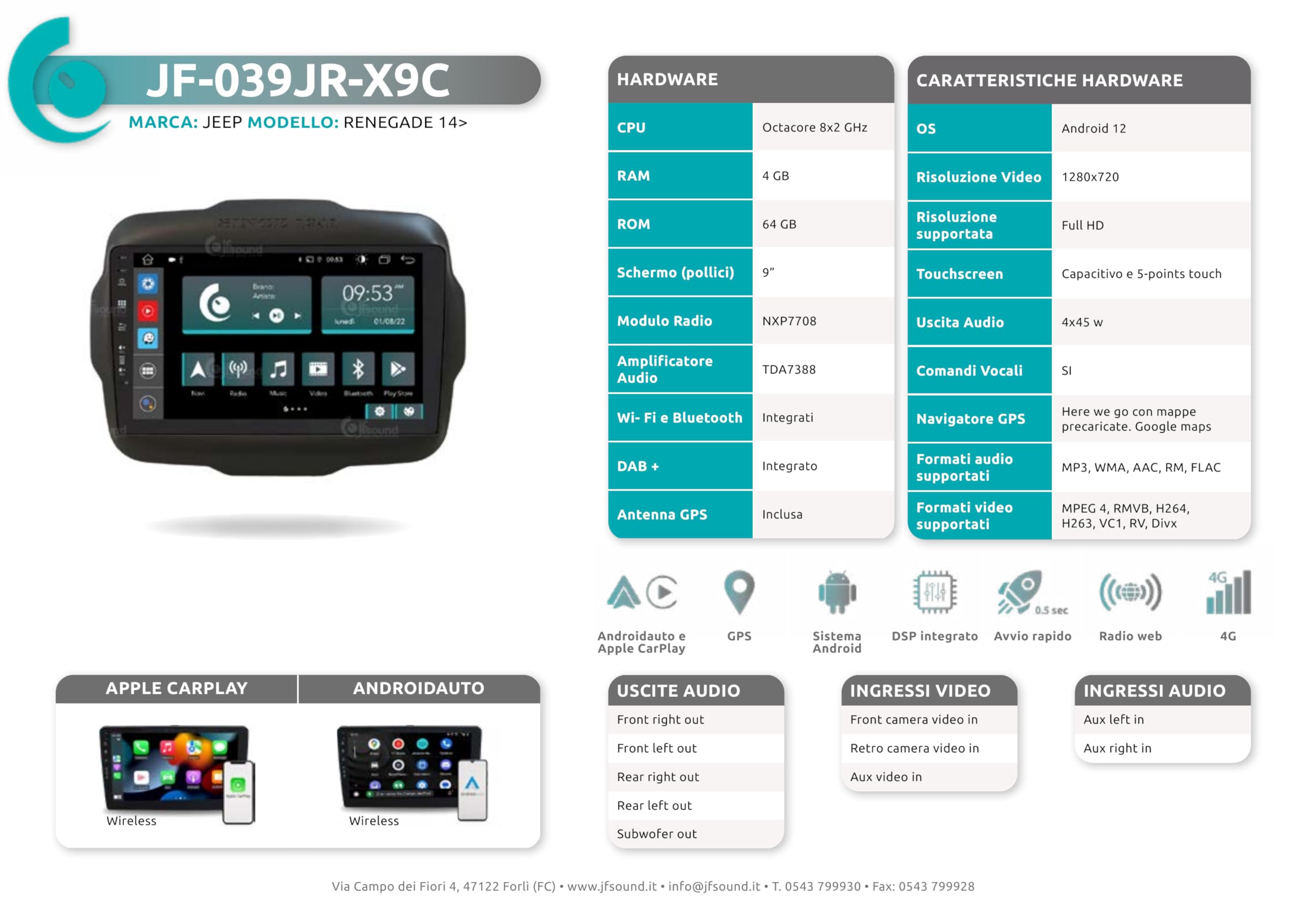 JF Sound - Autoradio Android JF-039JR-X9C - Per Jeep Renegade dal 2014-9" HD - CarPlay/Android Auto Wireless - GPS - 4GB RAM - 64GB ROM - DAB+ - WiFi - Bluetooth - Prodotto in Italia