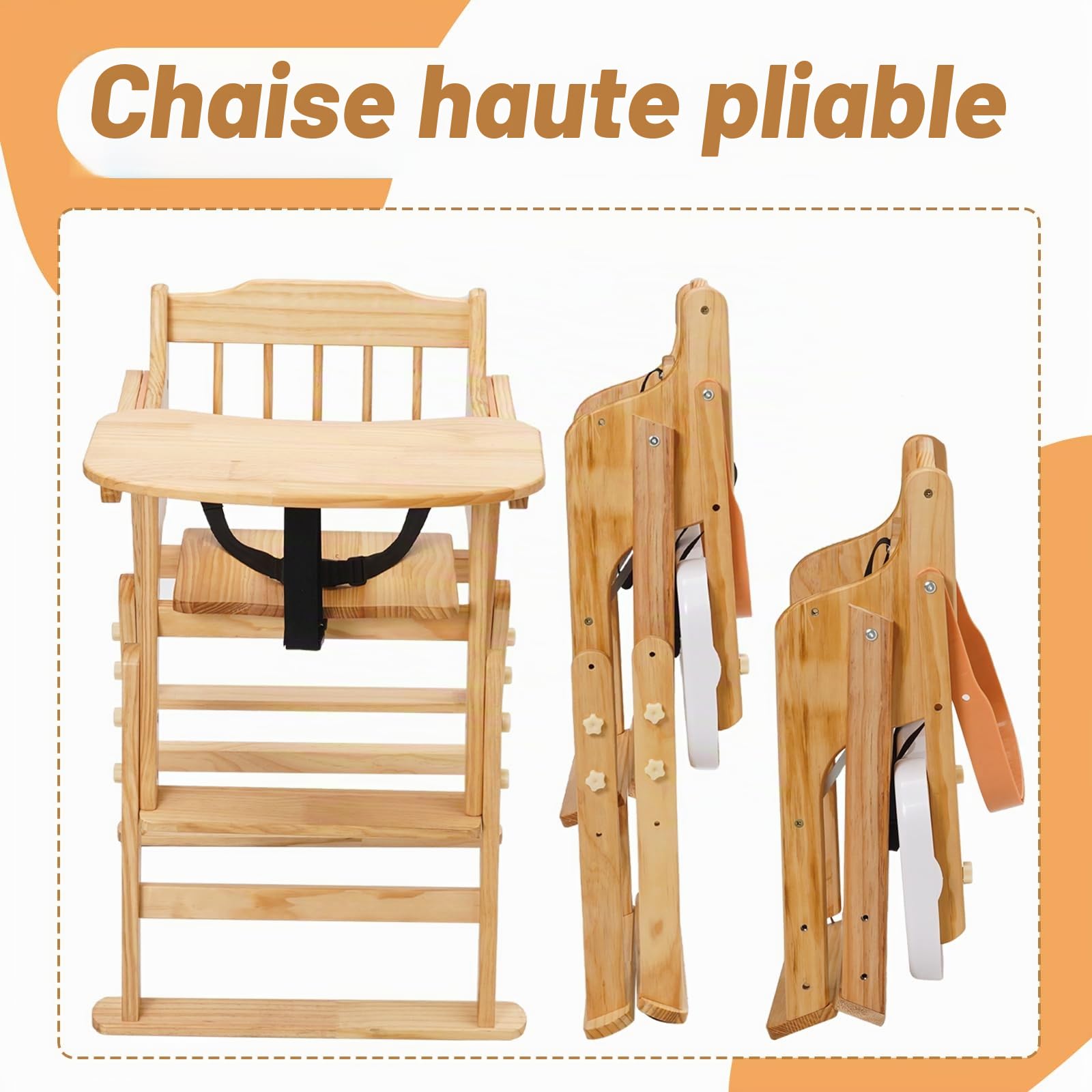 4 en 1 Chaise Haute Pliable en Bois pour Bébé, Hauteur Réglable, 6 mois à 10 ans, Chaise d'Alimentation peu Encombrante, Plateau Repas Détachable, Chaise Bébé Résistante