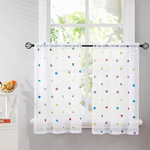 Urban Lotus Cortinas de cocina semitransparentes blancas para comedor de 45 pulgadas de largo, cortinas coloridas con estampado de lunares