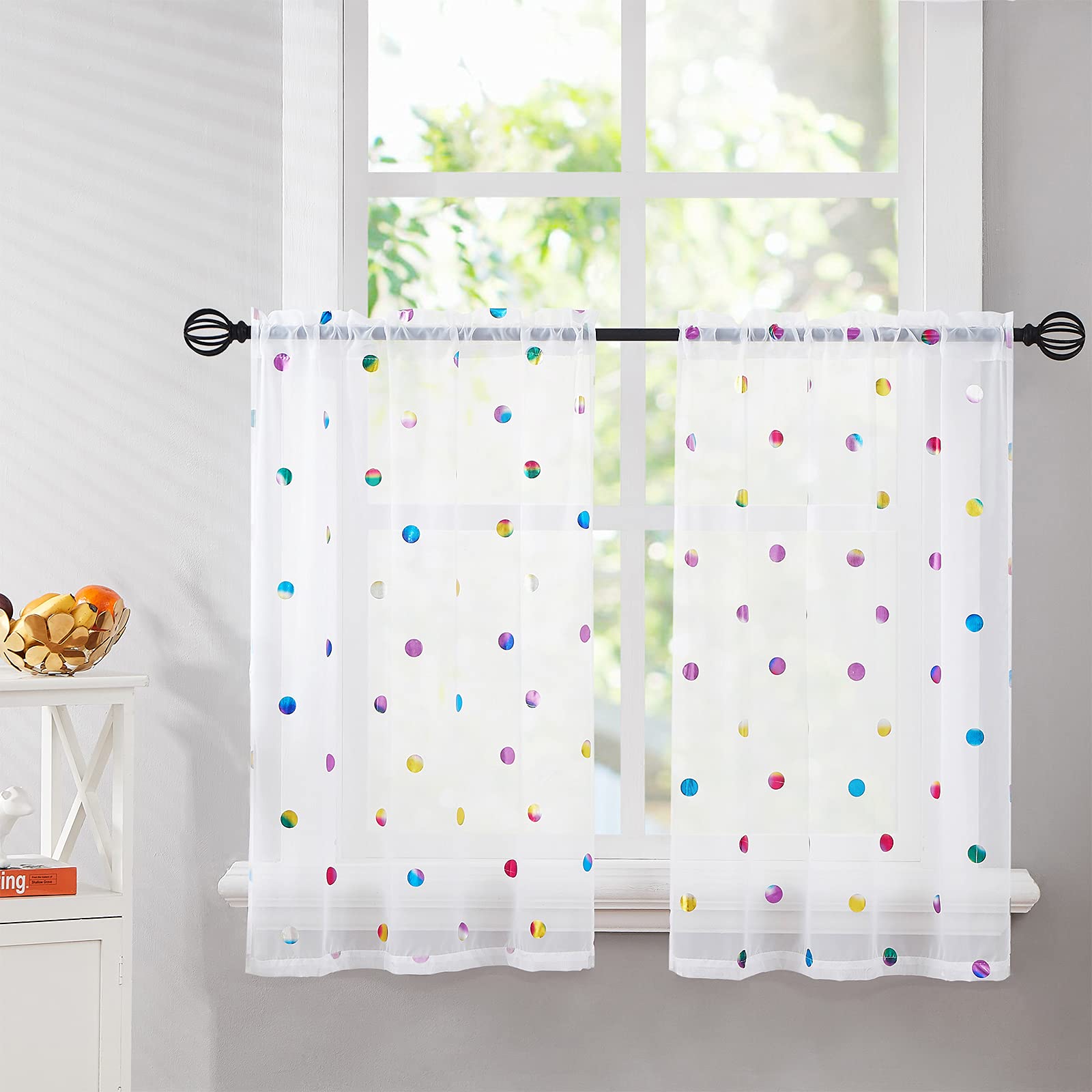 Urban Lotus White Semi Sheer Kitchen Curtains for Dining Room 45 inches Length Colorful Metallic Polka Dots Printed Tier Curtains Lightweight Rod Pocket Window Treatment Sets for Bathroom, 28" w 2pcs