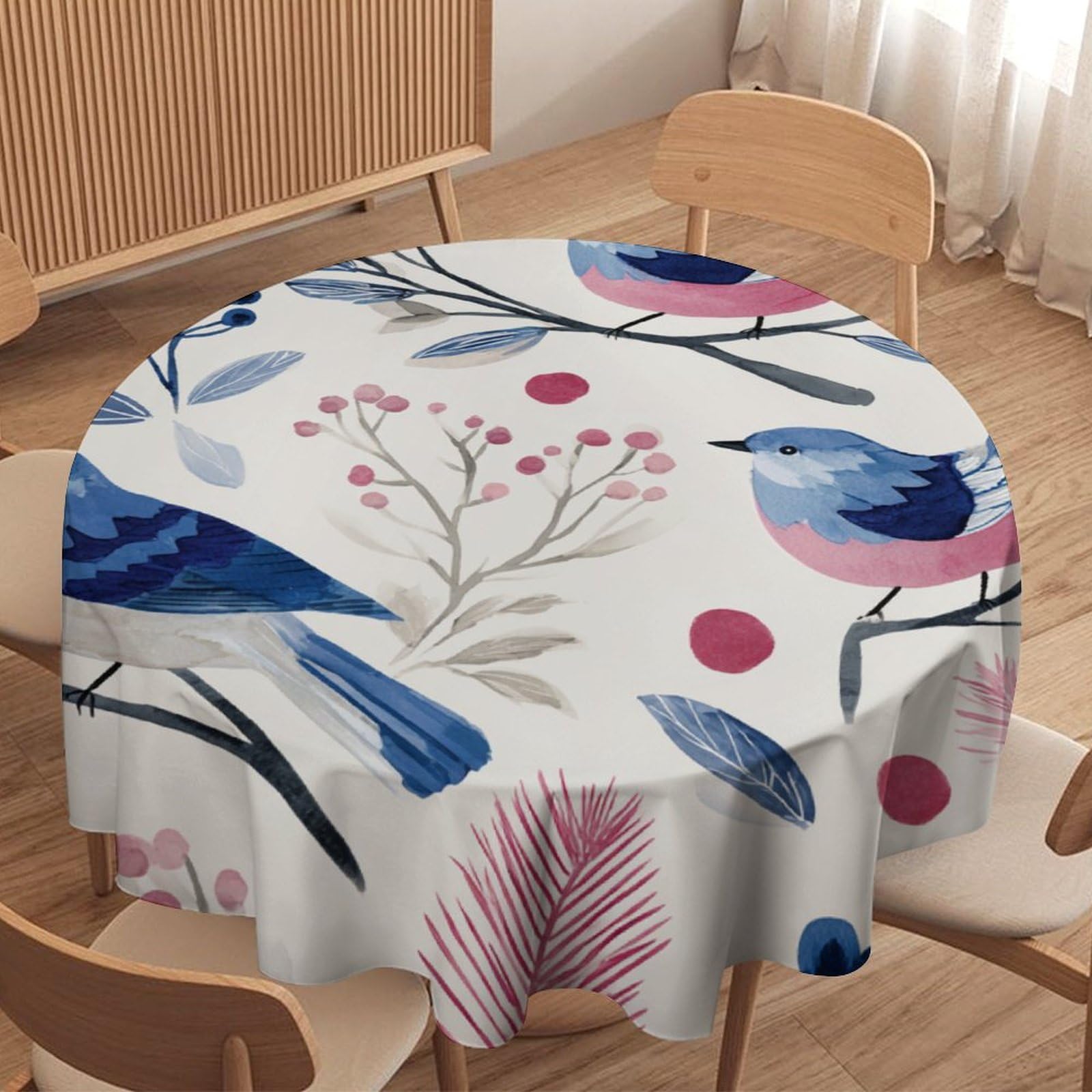 LUYYSKY Classic Vintage Blue Birds Round Tablecloth Cute Watercolor Japanese Botanical Plant Fruit Blueberries Animal Bird Washable Decor for Table Cover for Kitchen-177.8" Wx177.8 L cm