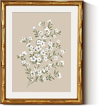 WHASAYART Vintage Flower Gold Bamboo Textured Framed Print Wall Art 11"x14" | White Blossom Canvas Painting Artwork with Acrylic Cover, Neutral Botanical Illustration French Country Decor Bedroom Office