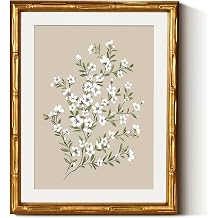 Framed White Flower Canvas Print Wall Art, Minimalist Botanical Beige Background Blossom Floral Artwork, 11x14 Gold Bamboo-Textured Frame Clear Acrylic Cover Farmhouse Bedroom Offices Decor