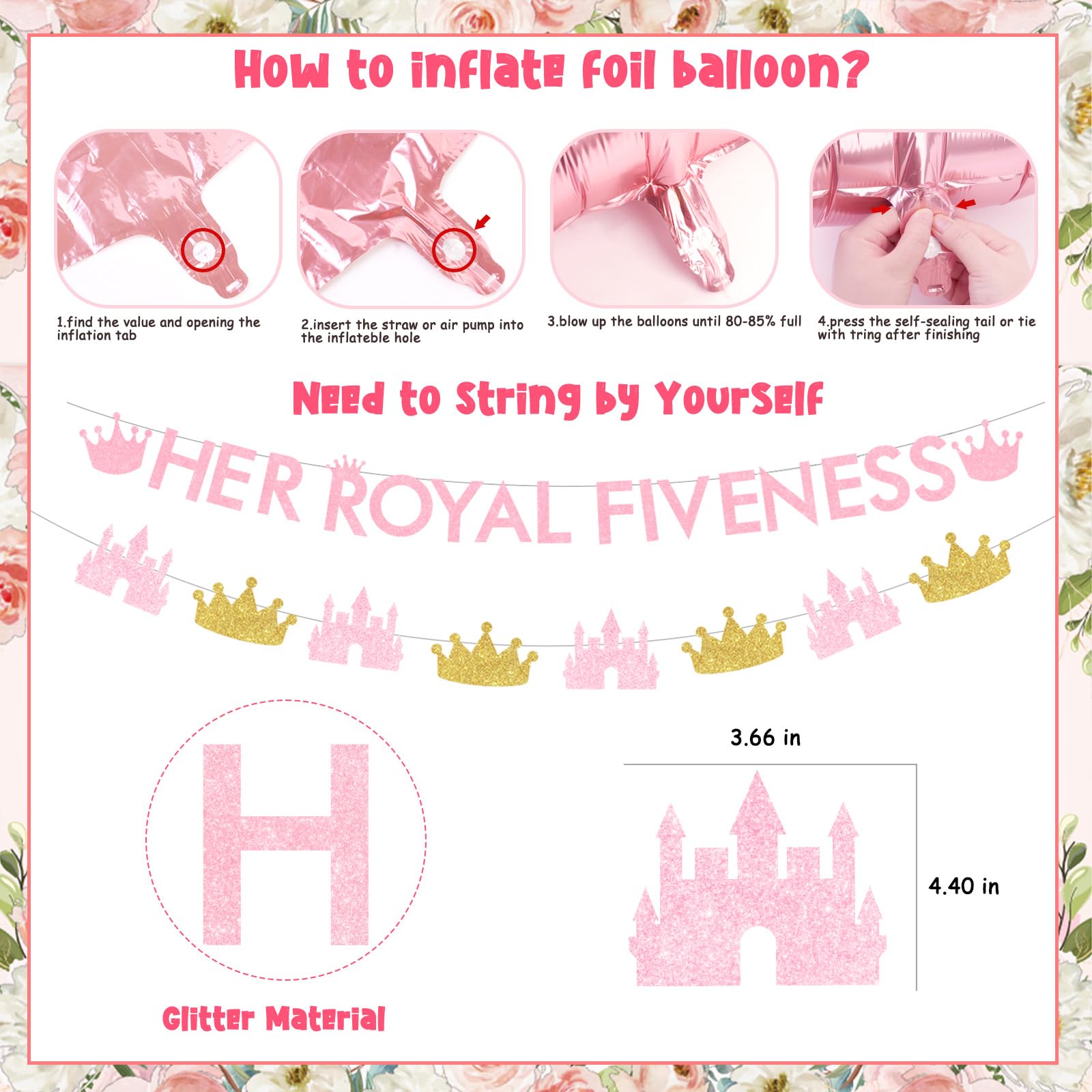 Tecreo Pink Glitter 5th Birthday Crown & Dots Banner - 35x70 Inch Fabric Wall Decoration For Girls Party