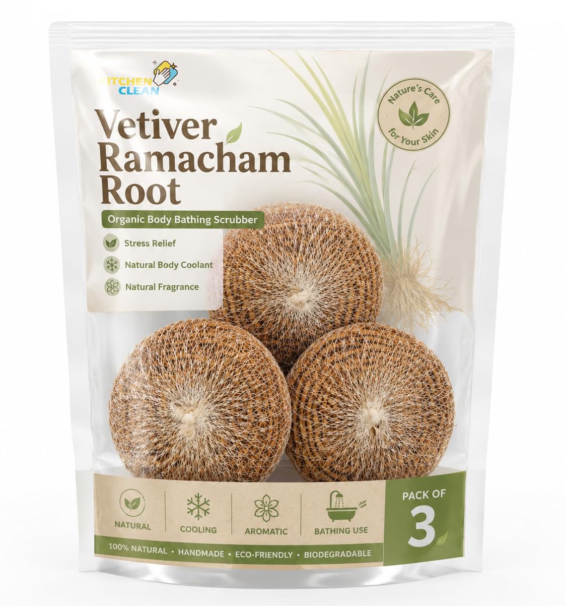 KC Vetiver Ramacham Root Bath Scrubber Pack of 3 | Natural Khus Body Bathing Scrubber | Handmade Eco Friendly Body Scrub for Shower | Gentle Exfoliating Bath Loofah for Men & Women-image-7