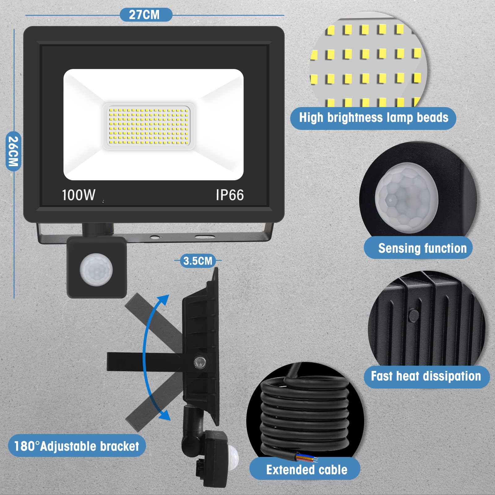 1 opakowanie Reflektor LED z czujnikiem ruchu 100 W 10000LM Reflektor LED z czujnikiem ruchu IP66 Wodoodporny 3000 K Ciepła biel Reflektor Zewnętrzny Reflektor Bezpieczeństwa do ogrodu
