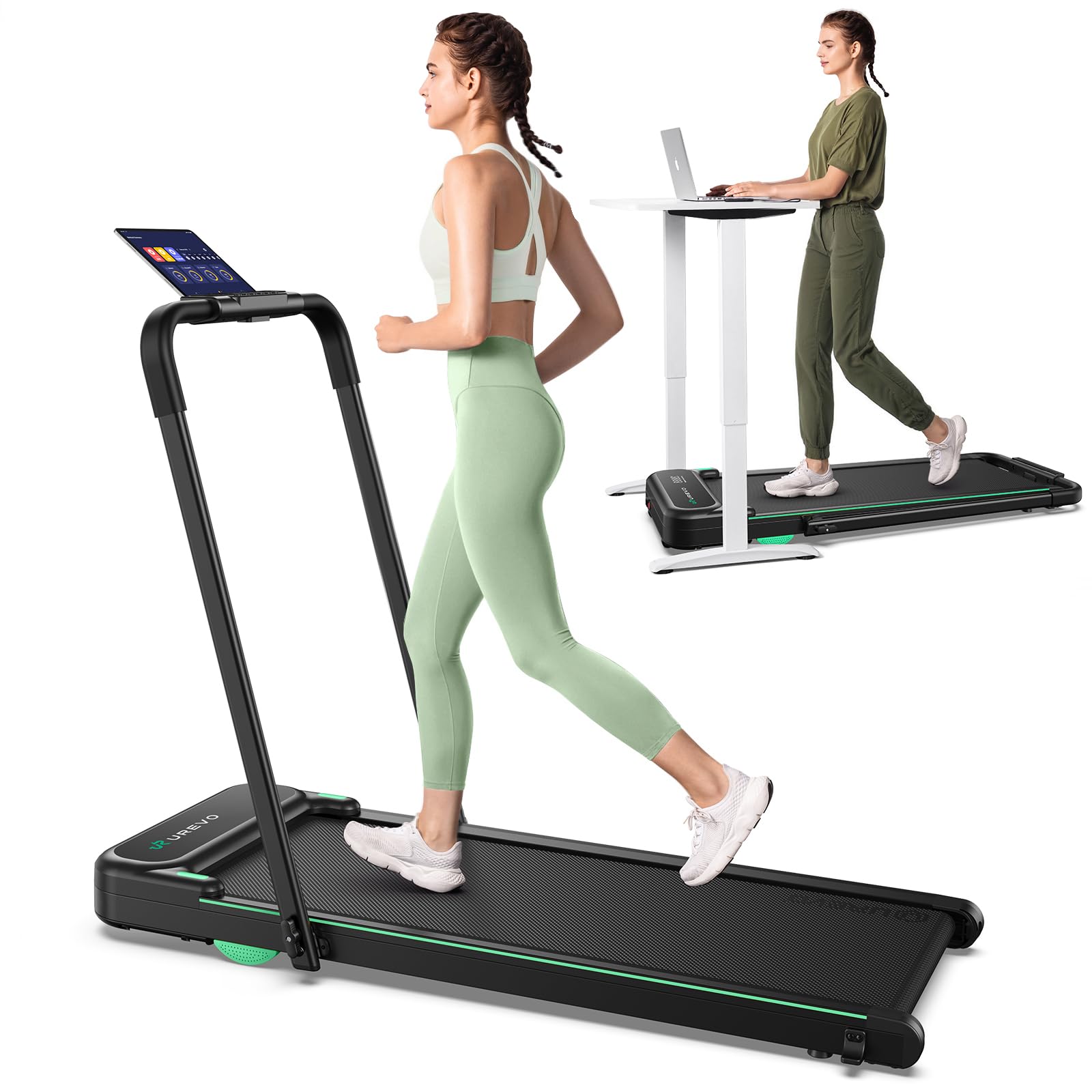 UREVO Strol 2E Caminadora inteligente plegable 2 en 1, almohadilla compacta para caminar con asa de seguridad, plug and play, pantalla LED dual, aplicación de entrenamiento, para caminar o correr en