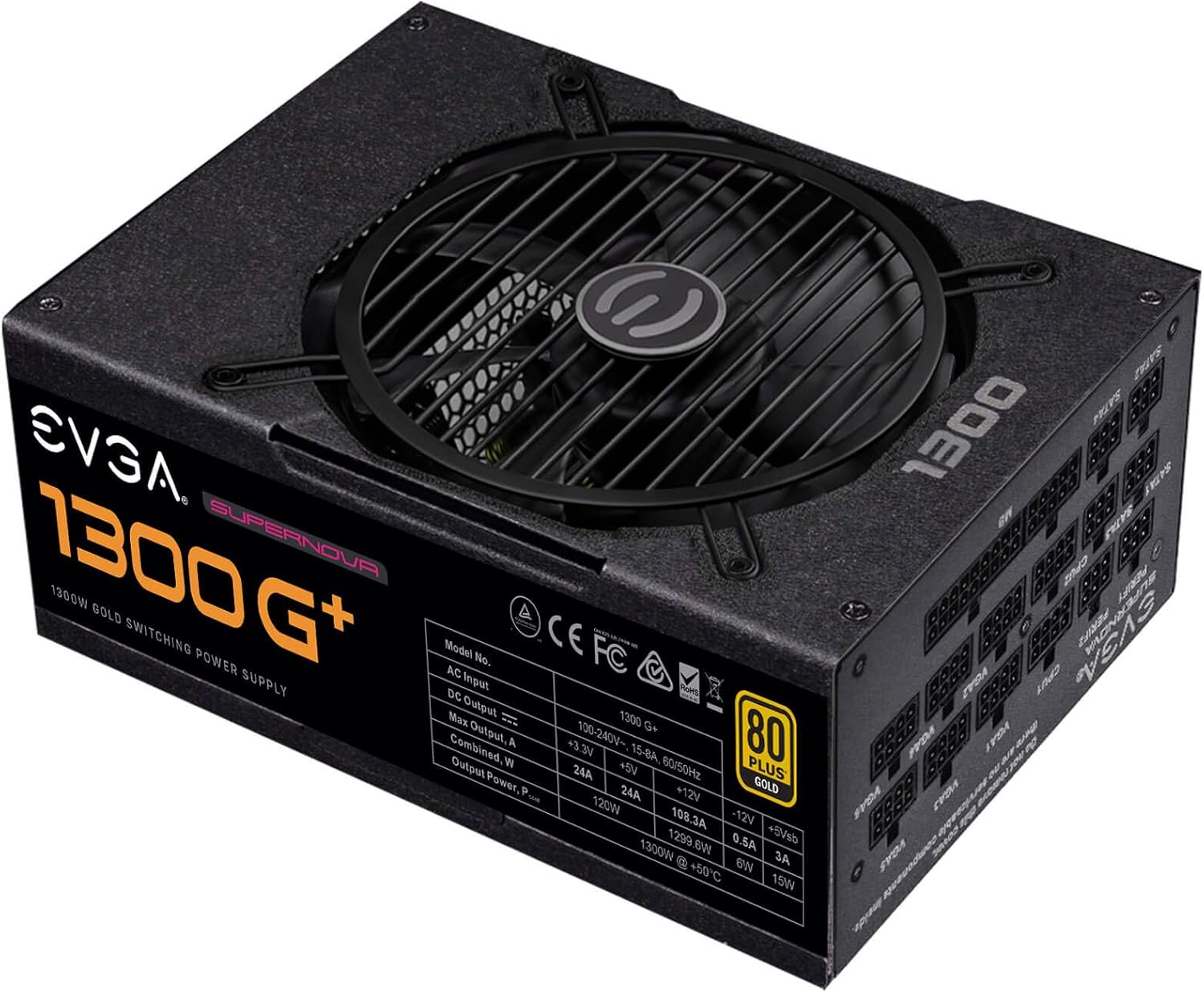 Top view of EVGA Supernova 1300 G+ Power Supply showing fan grill and specifications label