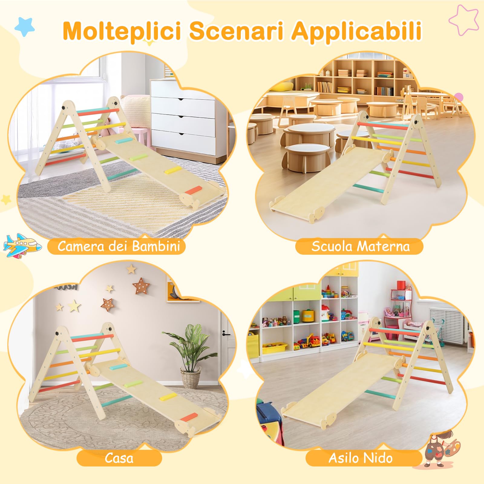 COSTWAY 3 in 1 Set da Arrampicata per Bambini, Giocattoli da Arrampicata Triangolari Pieghevoli, Altezza Regolabili, con Scivolo/Rampe da Arrampicata, Carico 60 kg (Colorato)