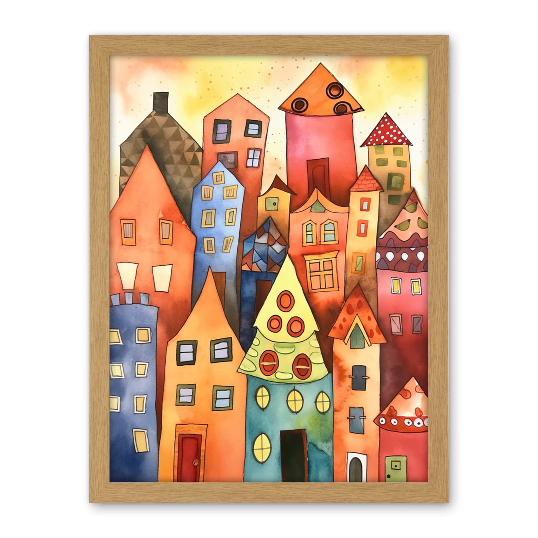 Artery8 Colourful Townscape Folk Art Watercolour Painting Artwork Framed Wall Art Print 18X24 Inch