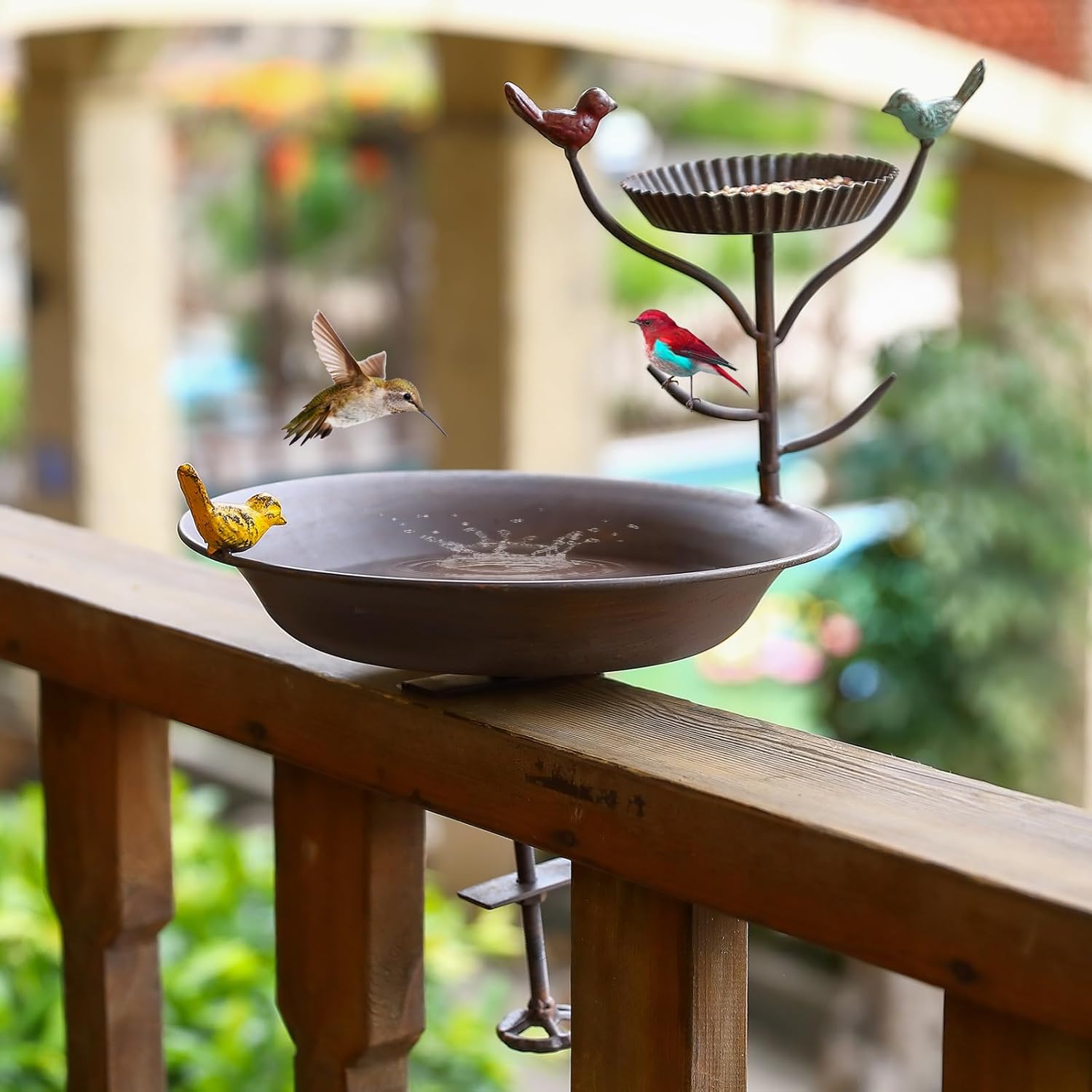 Bird Bath and Feeder for Deck Railing, 2 in 1 Deck Mounted Balcony Birdbath with Vivid Butterfly Decor, Metal Bird Bath for Outdoors Porch Patio Garden