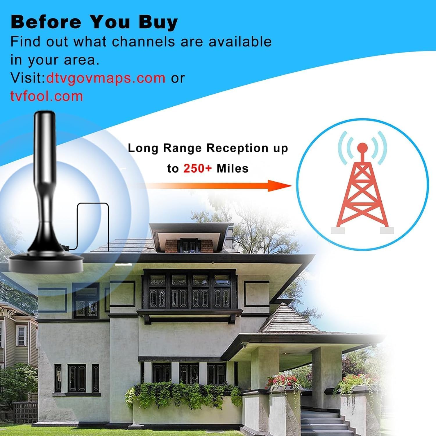 Antena de TV para Smart TV interior, antena de TV para canales locales, antena digital para Smart TV en interiores, fácil instalación, soporta canales 4K 1080p, base magnética fuerte, cables de 16.4