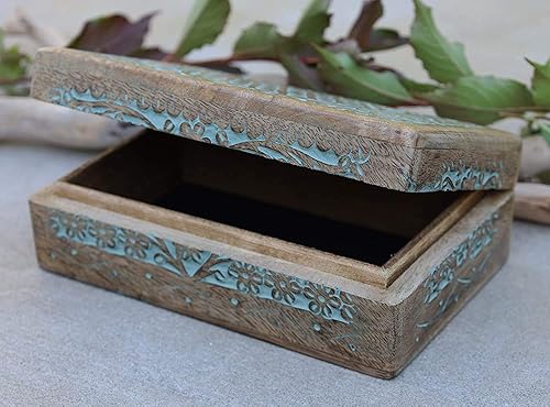 Miniatura 4 de DharmaObjects Caja de almacenamiento de madera tallada a mano (turquesa, grande)