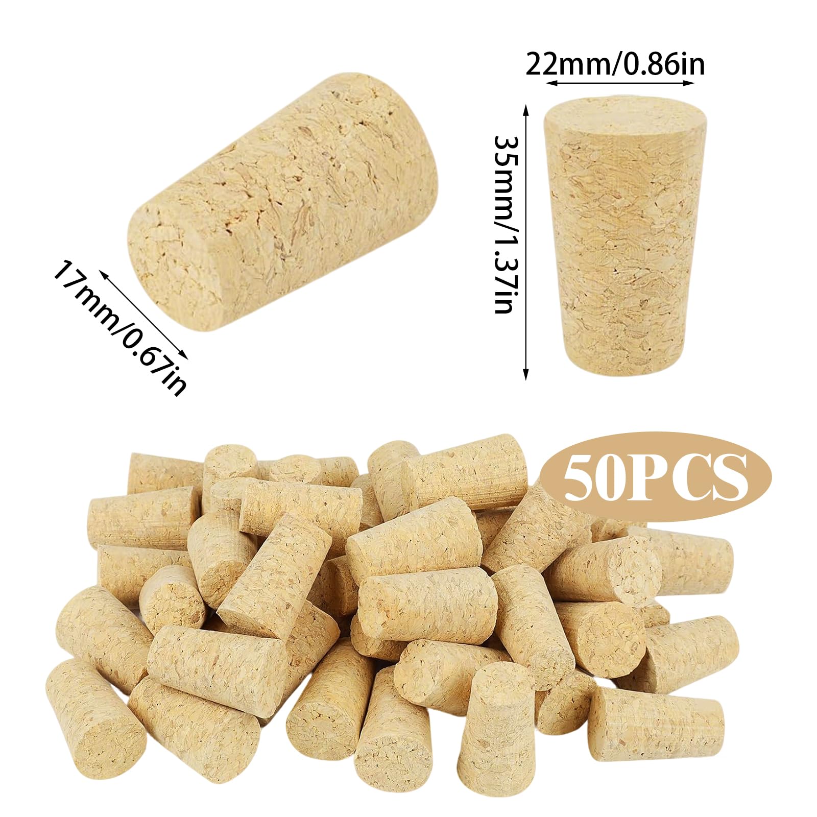 50 Piezas Cónico Tapones de Corcho, Antifugas Corchos de Vino, Reutilizable Tapon Vino, Tapones Madera Natural para Barra Botellas Manualidades Accesorios Cocina (22 x 17 x 35MM)