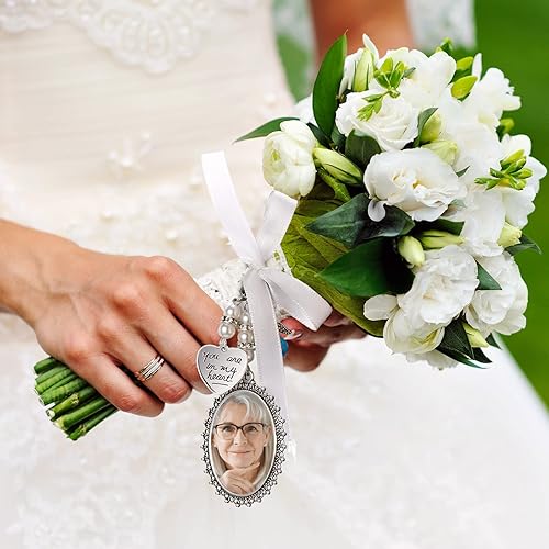 Miniatura 6 de 2 piezas de ramo de boda, ramo de novia, dije de encaje ovalado para novia, dije conmemorativo de ángel con la frase "You Are Always in My Heart"