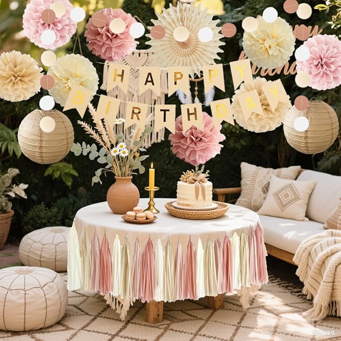 Kit Decoracion Fiesta Boho Beige Rosa Polvo 33 Piezas miniatura 2