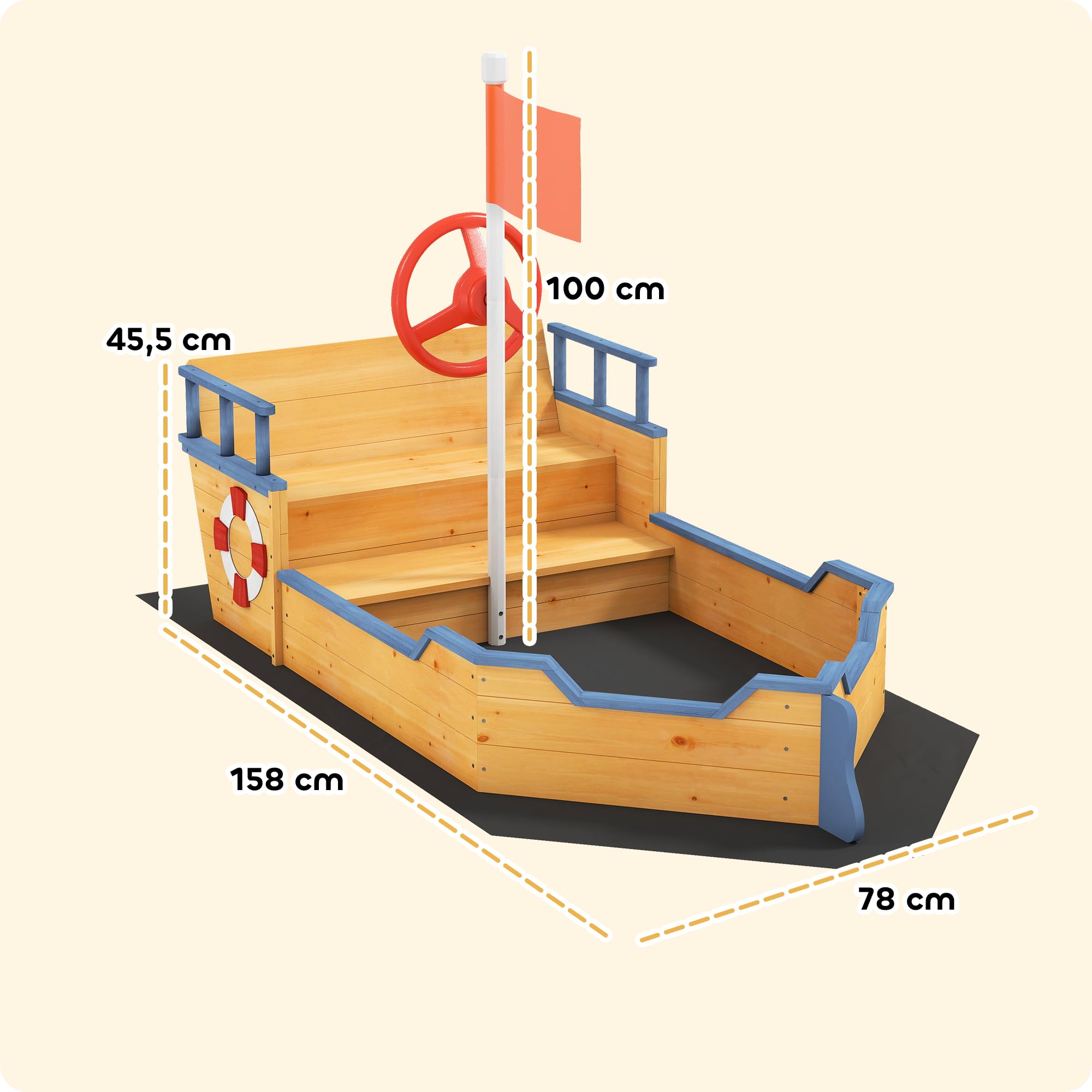 Outsunny Arenero Infantil de Madera Diseño de Galeón con 2 Escalones Banco con Almacenaje Bandera y Timón Cajón de Arena de Jardín para Niños de +3 Años 158x78x45,5 cm Natural