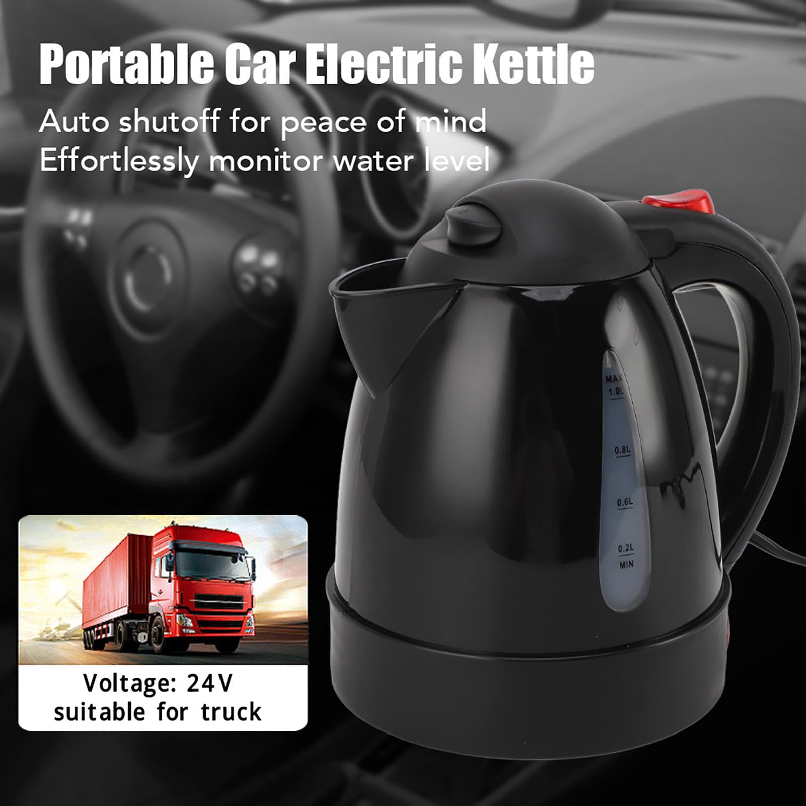 Wakects Przenośny Samochodowy Czajnik Elektryczny, 250 W 24 V 1000 Ml Stal Nierdzewna Automatycznie Wyłączający się Czajnik Elektryczny do Ciężarówki z Okienkiem Poziomu Wody na