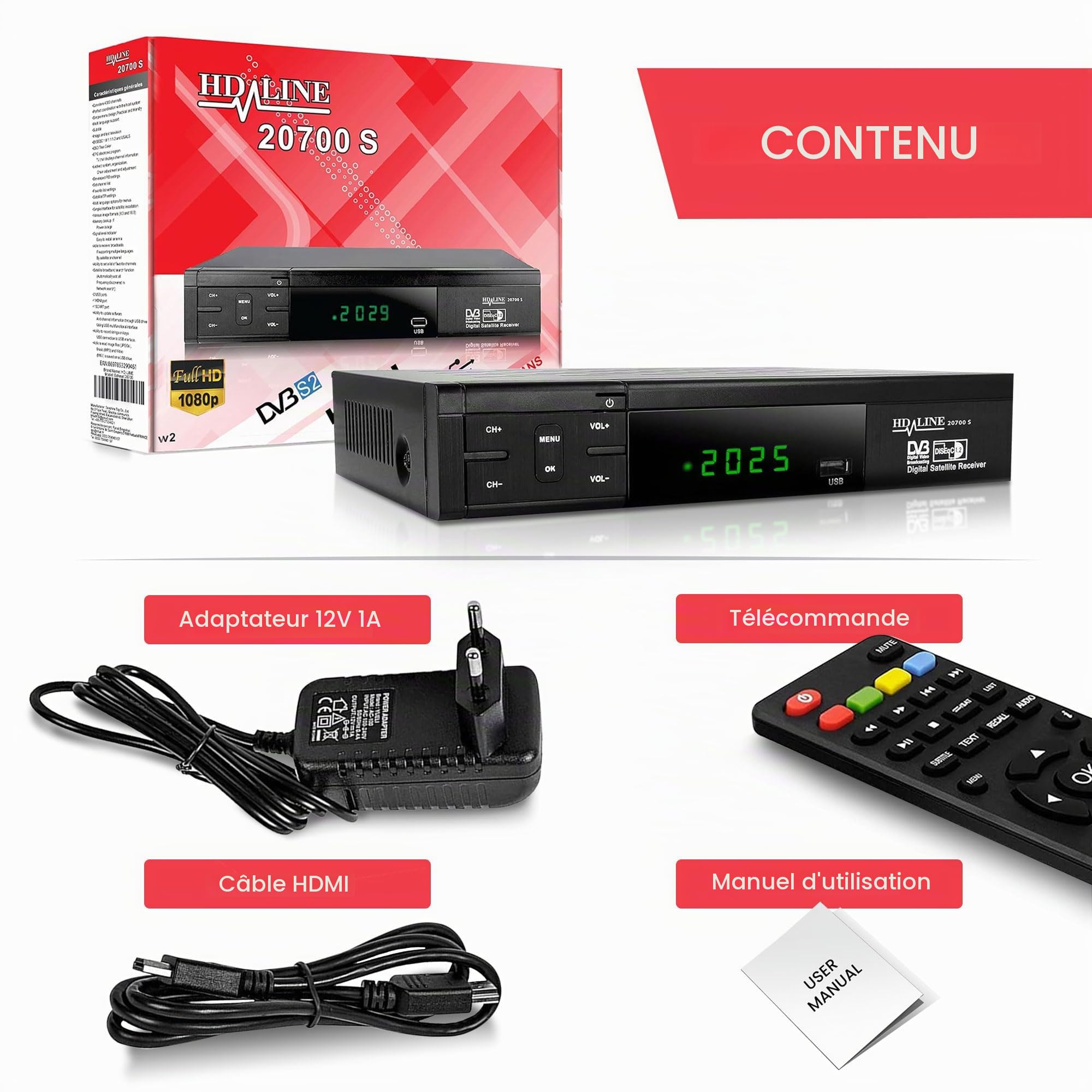 HD-Line 20700 HD Récepteur Satellite DVB-S2 HD pour récepteur Satellite numérique (DVB-S/S2, HDMI, SCART, 2 Ports USB 2.0, Full HD 1080p) (Préprogrammé pour Astra Hotbird et Türksat