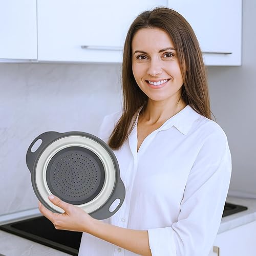 Miniatura 6 de Colador redondo de silicona blanco plegable, colador de cocina blanco, pequeño colador plegable blanco con asas de plástico para drenar verduras y
