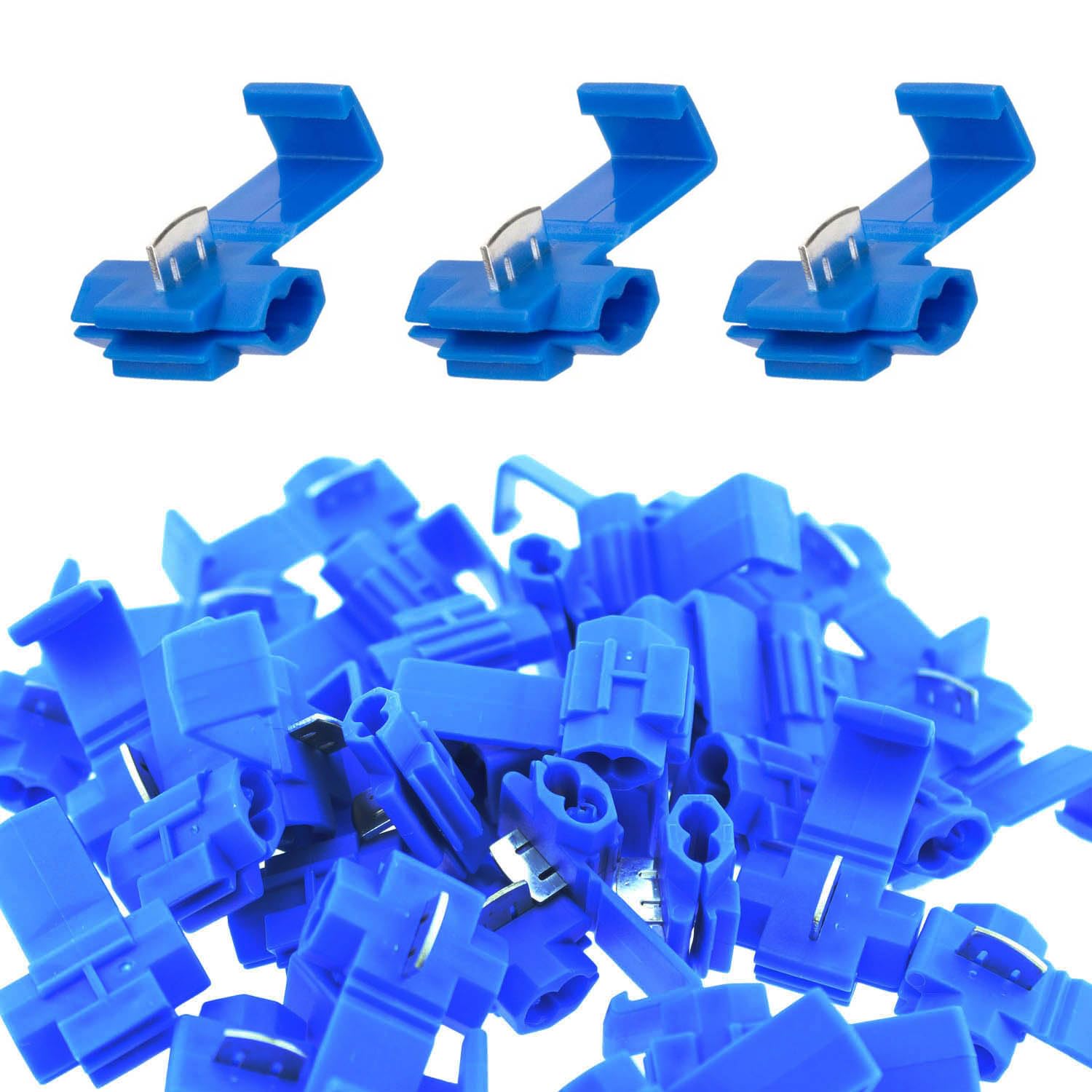 Quick Splice Wire Connector SQXBK 100PCS 18-14 AWG Blue Self-Stripping Splice Connectors Inline, Double Run Solderless Crimp Wire Plug Connectors, Scotch Lock Splice Connector
