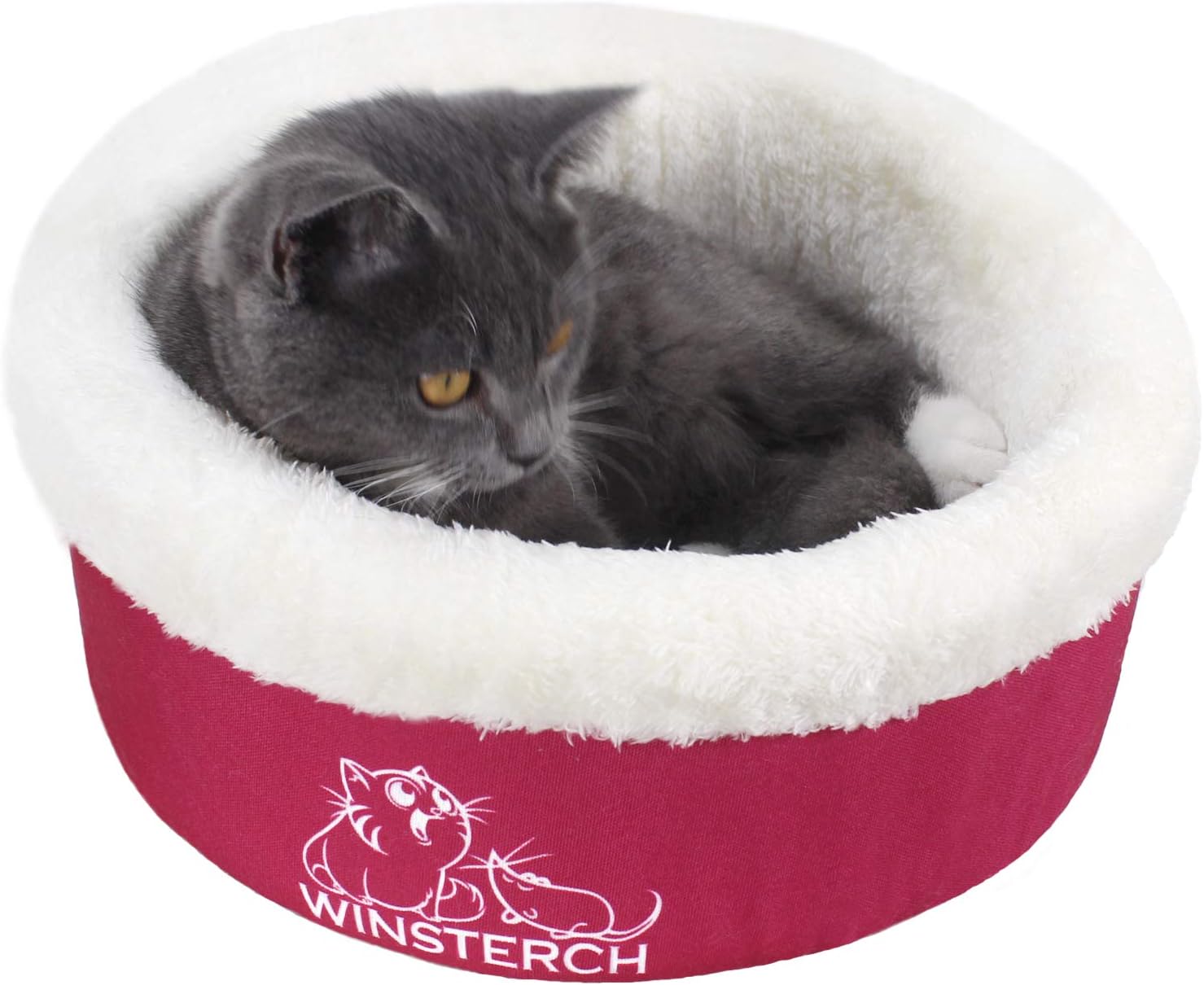 Winsterch Washable Warming Cat Bed, Round Pet Bed,Soft Cozy Plush Pet Bed for Cats (13.78 x 13.78 x 5.9 in, Red)