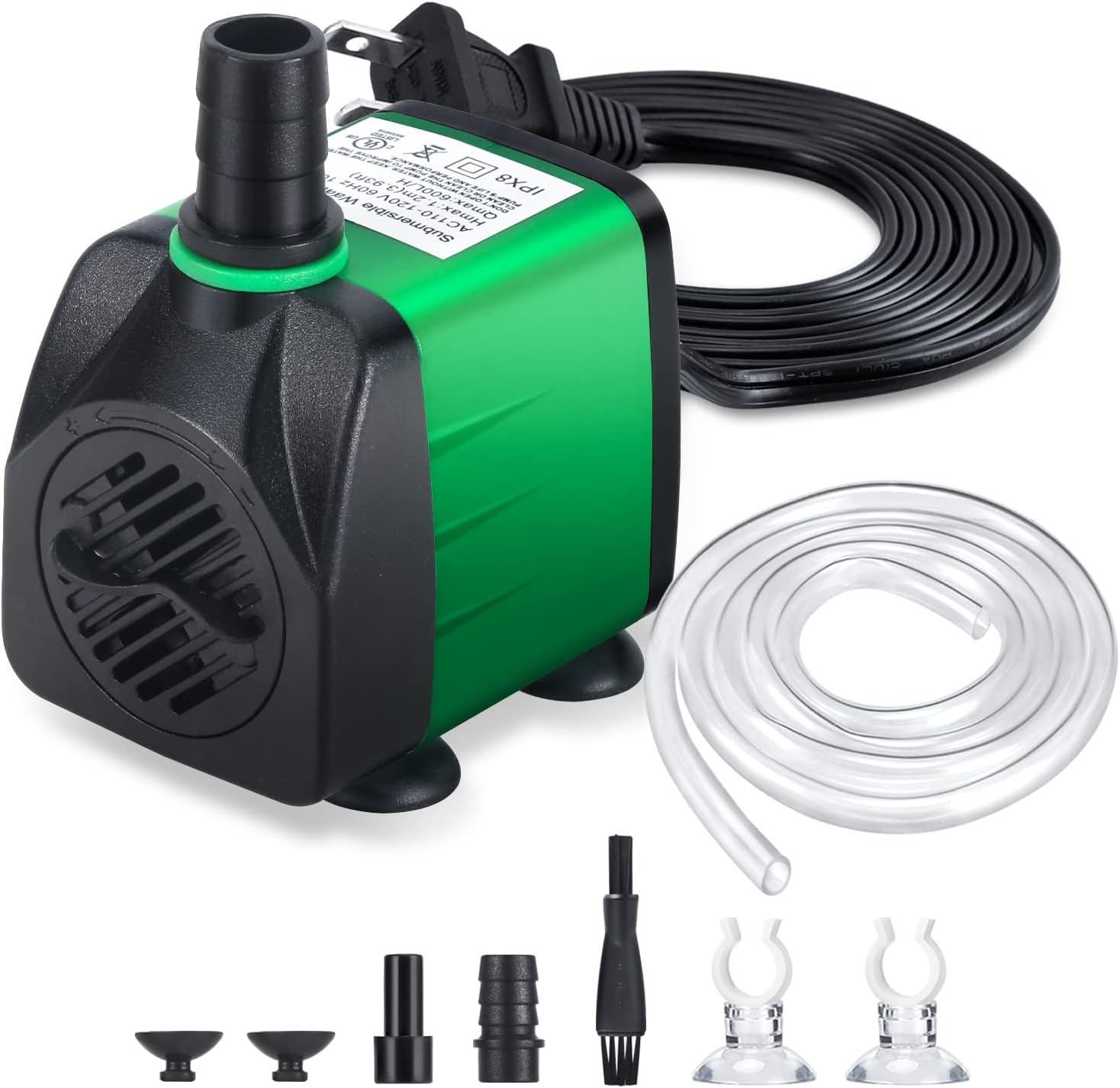 Fountain Pump, 160GPH (10W 600L/H) Water Fountain Pump, Outdoor Submersible Fountain Pump with 4.9ft Tubing (ID x 1/3-Inch), 3 Nozzles for Aquarium, Pond, Fish Tank, Water Pump Hydroponics
