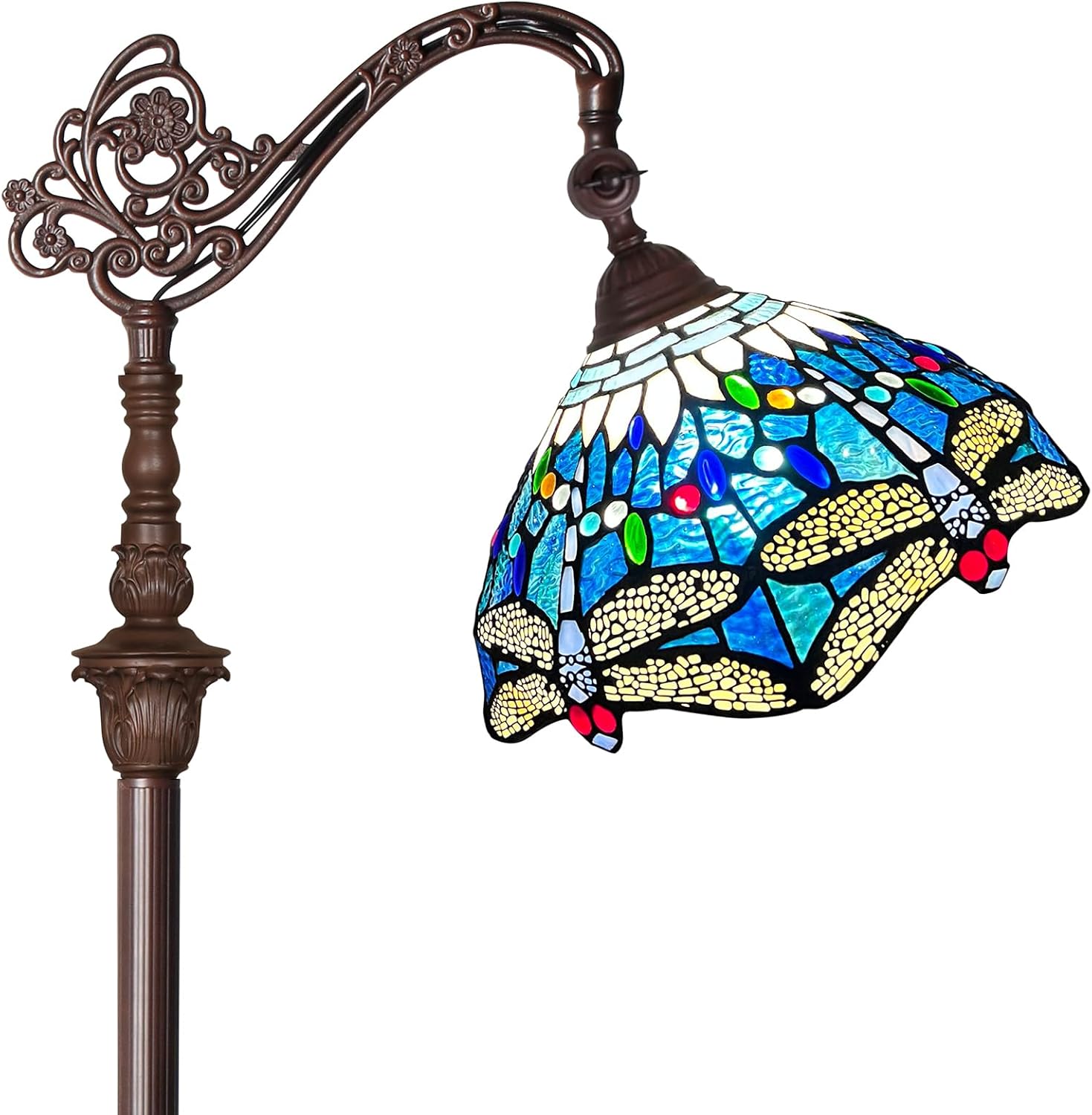 Capulina Tiffany Lamp Stained Glass Floor Lamp 62 Inches Tall Industrial Dark Bronze Pole Sea Blue Dragonfly Tiffany Style Standing Reading Lamp for Living Room Bedroom Study Office