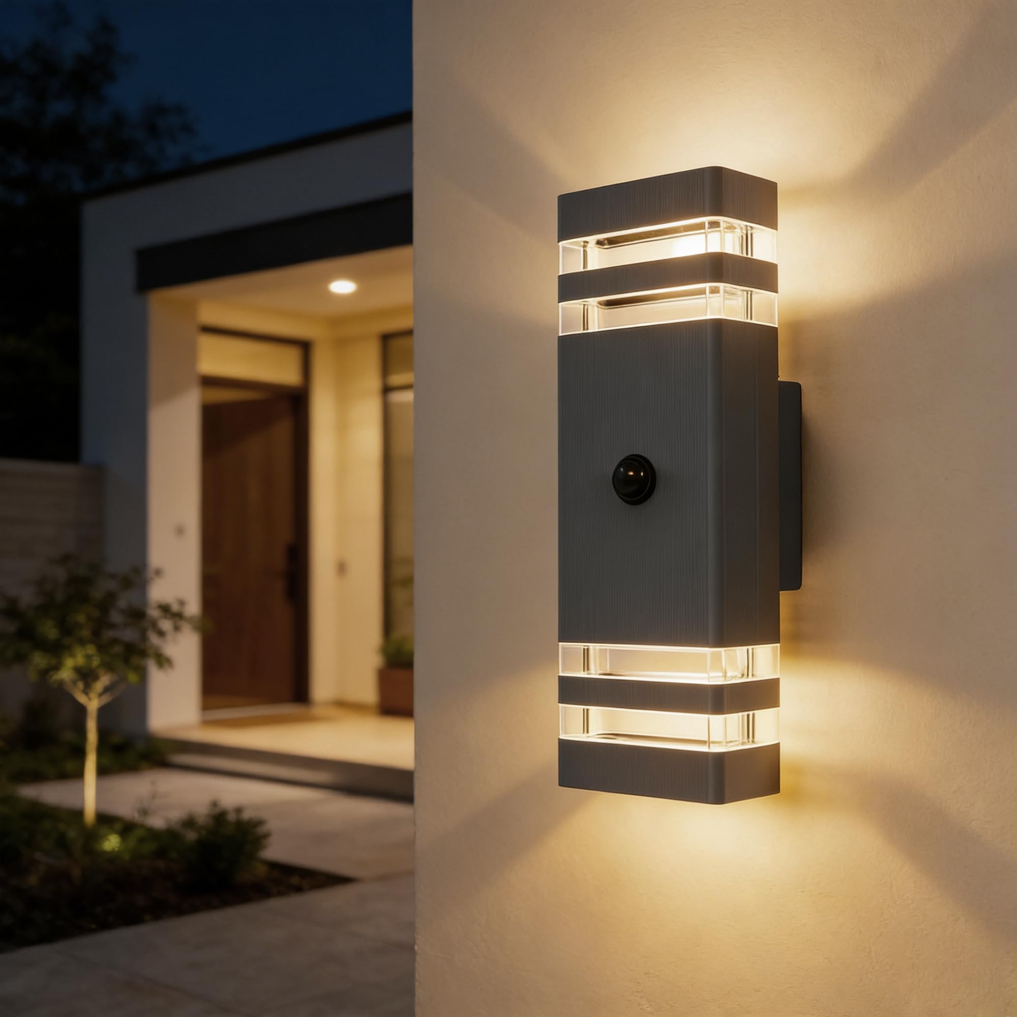 PIR Außenlampe mit Bewegungsmelder Up and Down GU10 230V | IP54 Wasserdichte Wandleuchte Aussen mit 4×5W GU10 Glühbirne(3000 K),LED Aluminium Aussenleuchten Hauswand,Anthrazit 2 Stück