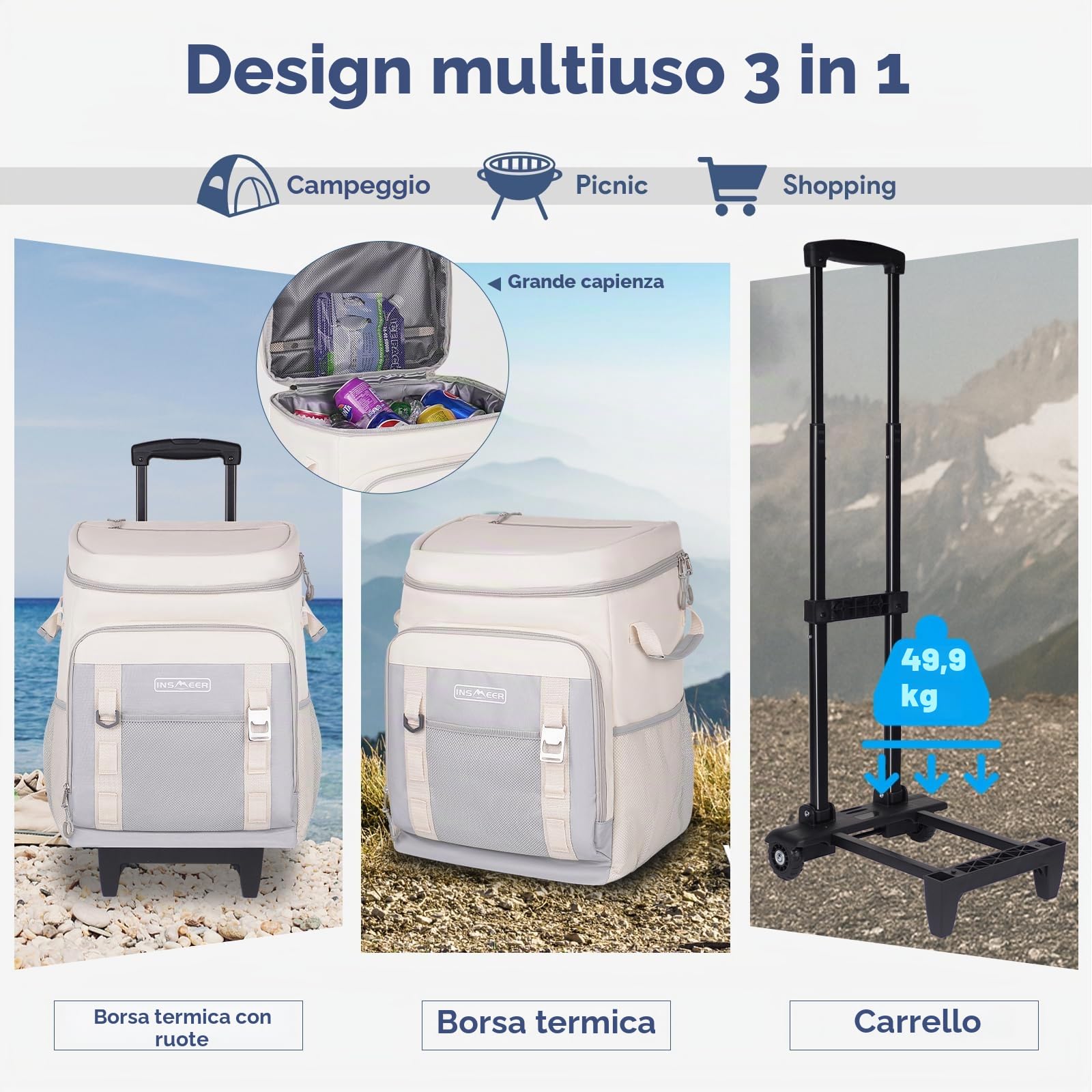 Borsa termica con ruote, 50 l/80 lattine, grande, pieghevole e impermeabile, borsa termica per spiaggia, campeggio, picnic, shopping