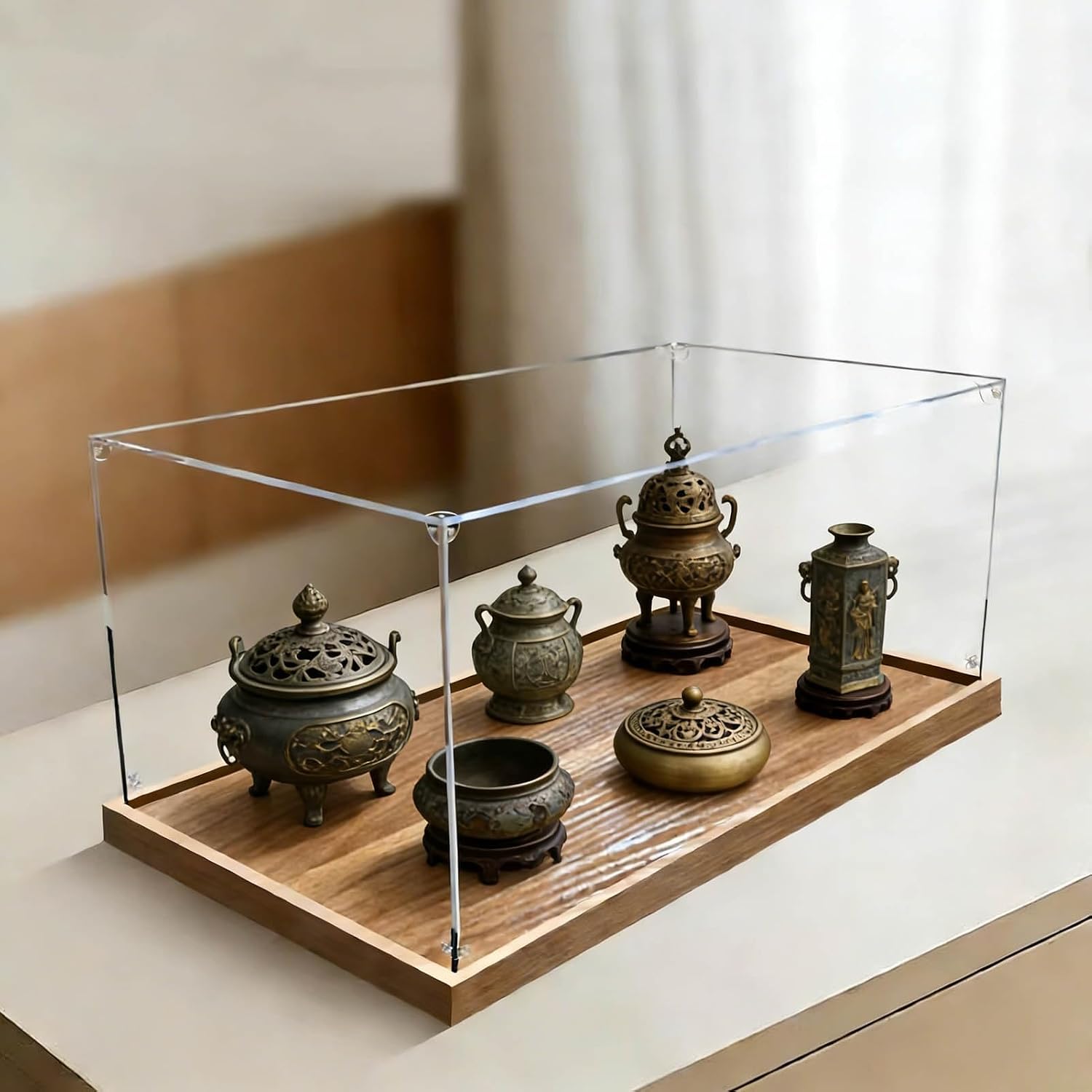 Long Acrylic Storage Box Show Case, Clear Countertop Organizer Cube for Figures Antiques, Dustproof Collectibles Display Cabinet with Brushed Base(55x35x35cm)