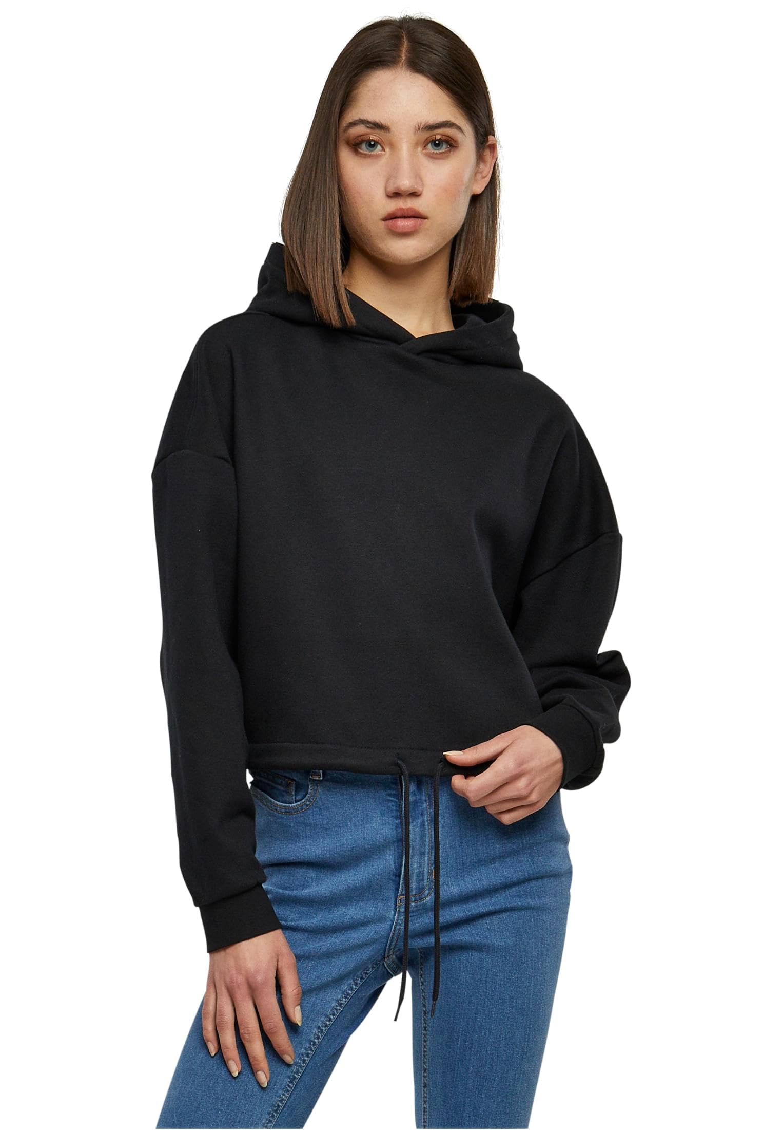Urban Classics Women's Ladies Cropped Oversized Hoodie Hooded Sweatshirt, Black,