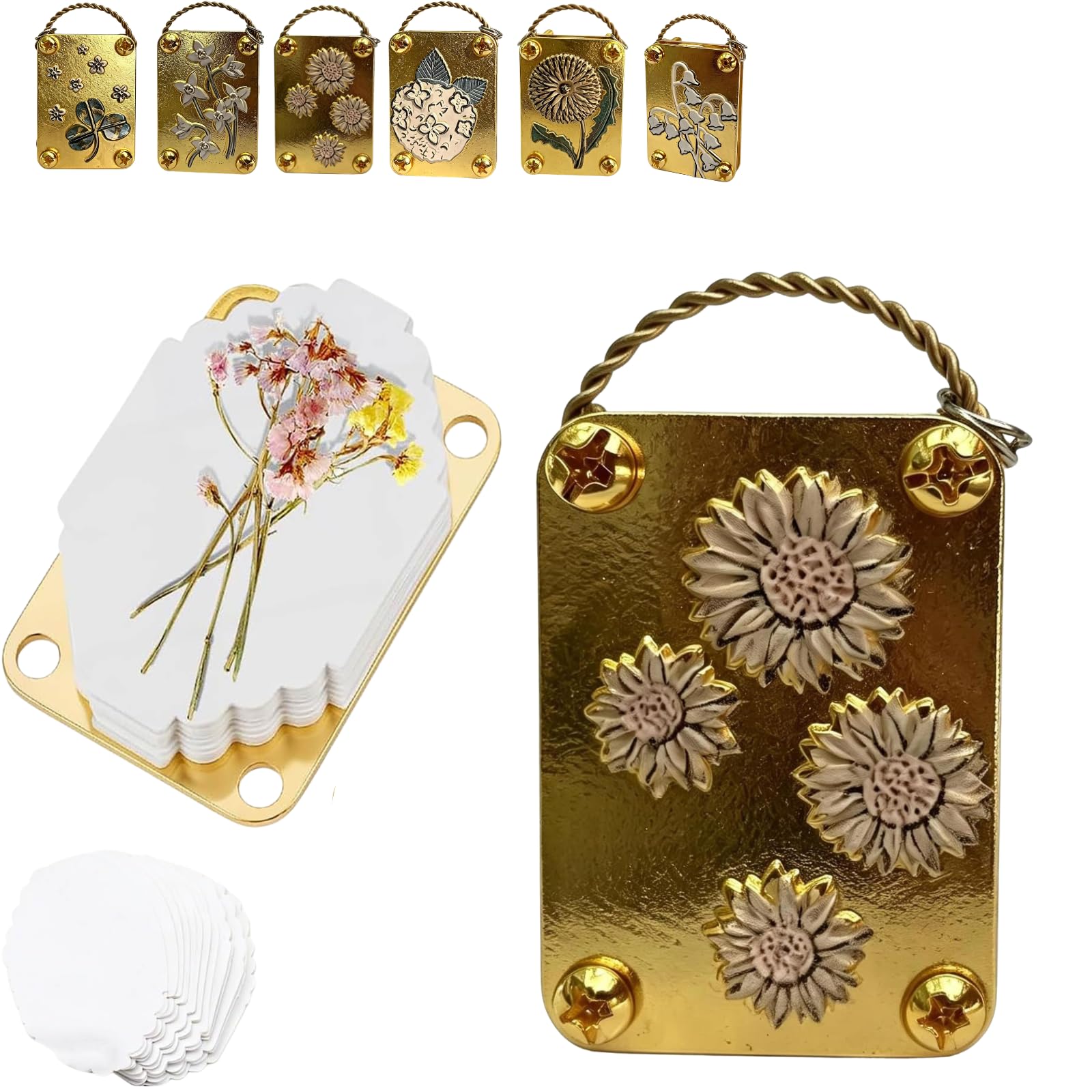 Flower Pressing Kit, Metal Micro Flower Press with 10 Paper, Portable Mini Plant Preservation Set for Adults and Kids, Pocket Botanicals Embossing Craft Tool, Keychain Accessory (Gold_C)