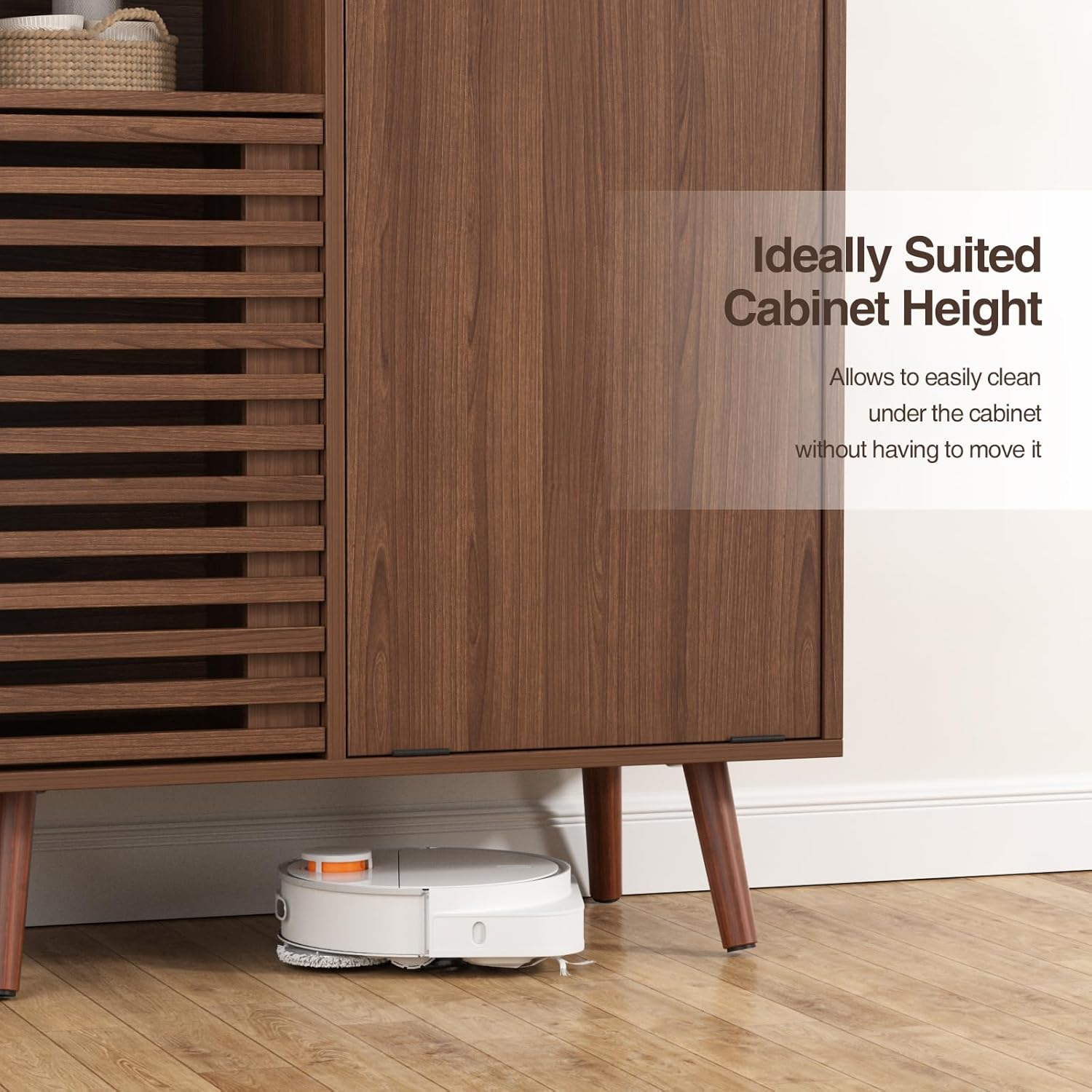 Storage Cabinet with slatted Door, Tilt Out Trash Can Cabinet for 10 Gallon Wooden Dog-Proof Recycling Bin with Hidden Laundry Basket for Kitchen Island and Dining Room, Walnut