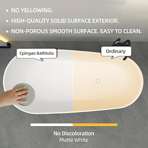 Miniatura 3 de Cpingao Bañera independiente de resina de piedra blanca mate con superficie sólida moderna tina de remojo independiente con desbordamiento y drenaje