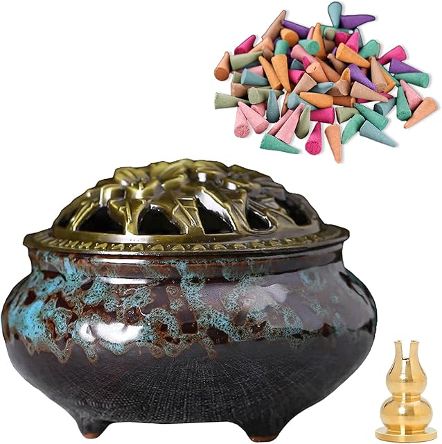 Ceramic Incense Burner Cone Incense Holder, Ceramic Censer Suitable For Incense Cones/Coils/Sticks, There Are 30 Incense Cones+ Metal Incense Holder+Fireproof Cotton Inside.