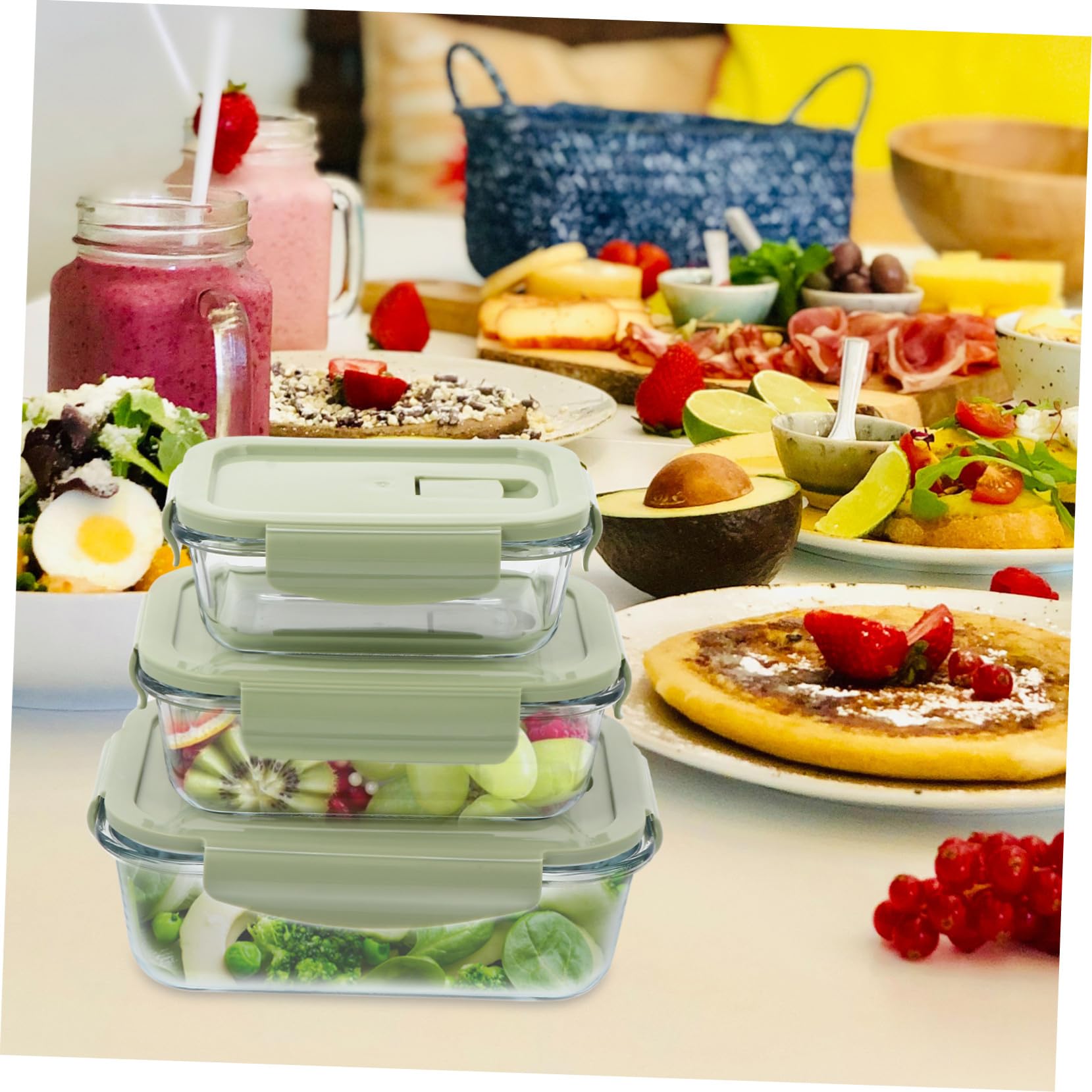 Boîte à Bento Alimentaire en Verre 3 Pièces, Couvercle Pp Vert