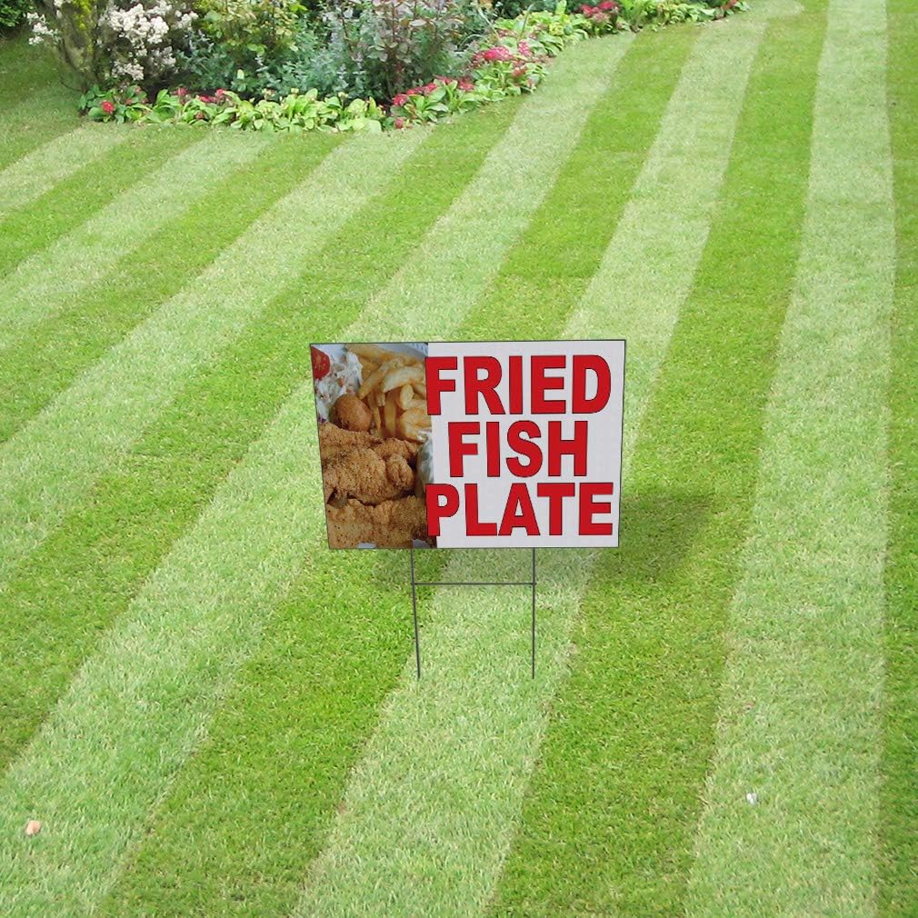 Weatherproof Yard Sign Fried Fish Plate Red Food Bar Restaurant Truck Lawn Garden Seafood Market Monger 24x18 Inches 2 Sides Print