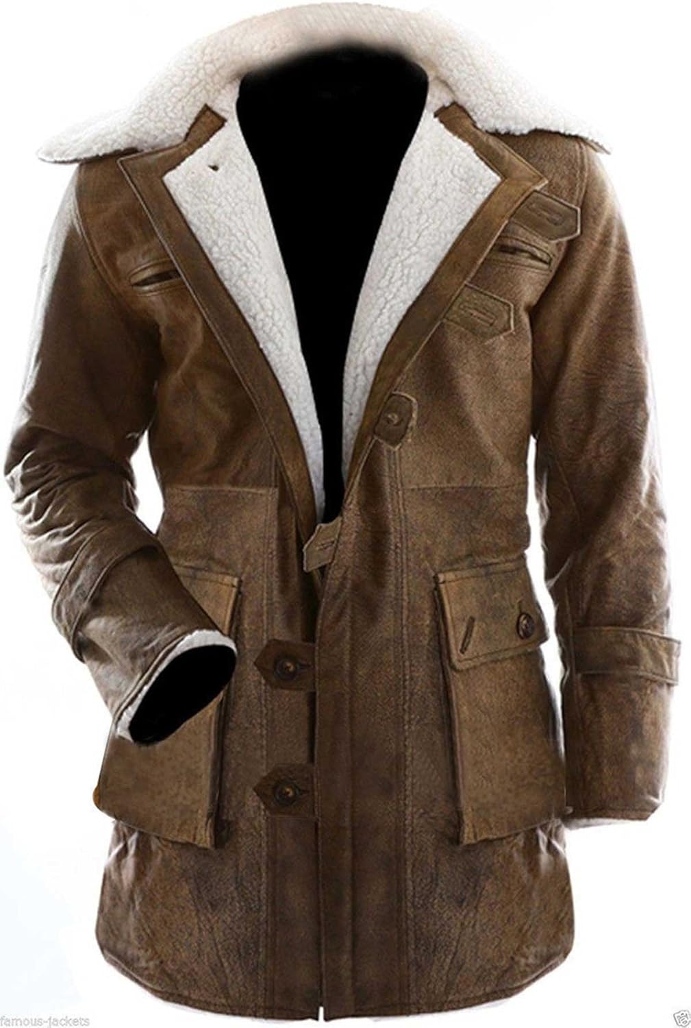 SpazeUp Mens Shearling Coat Brown Leather Trench Coat Faux Leather Tactical Vest Jacket Halloween Cosplay Costume