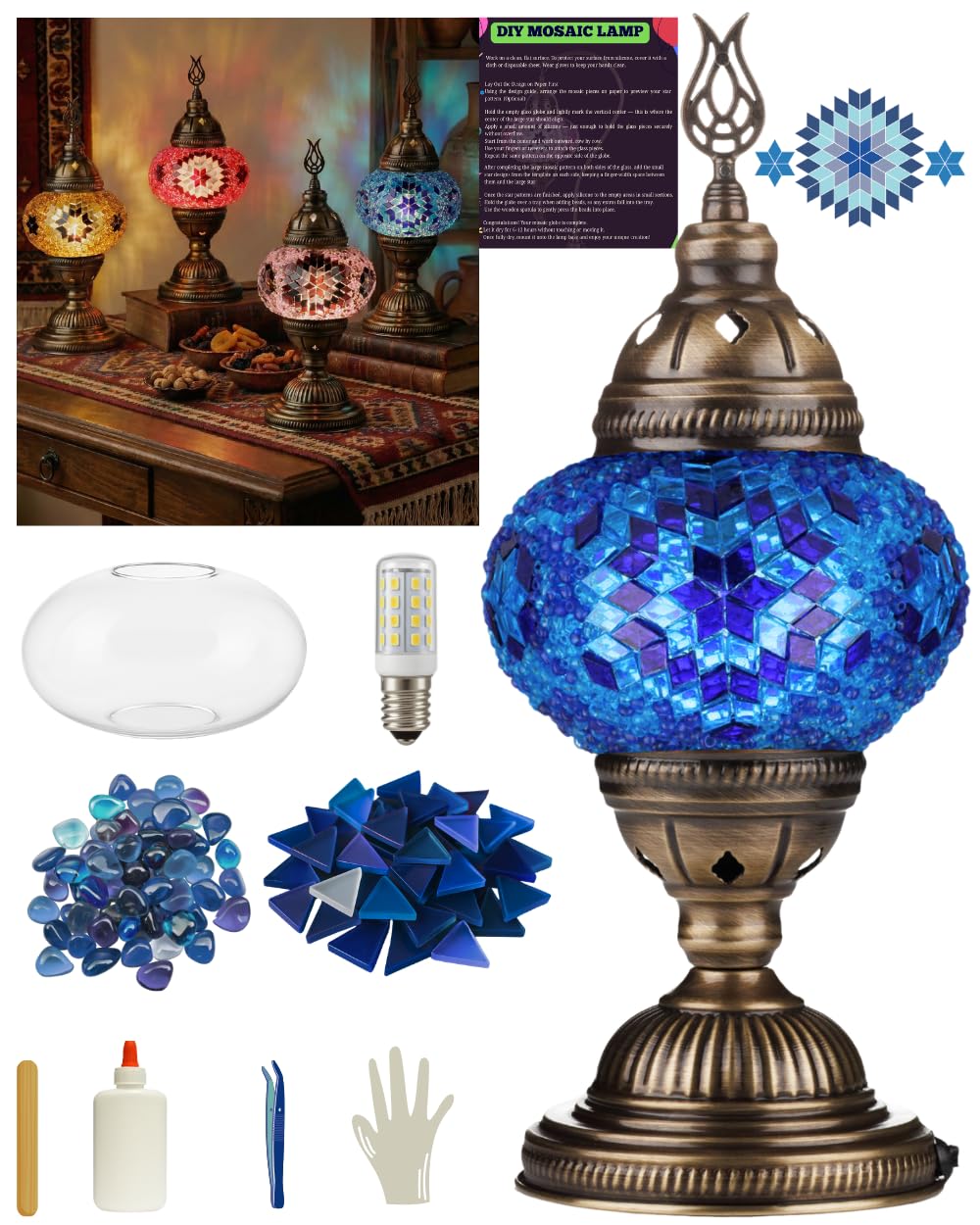 DEMMEX DIY Turkish Mosaic Lamp Kit, Complete Arts & Crafts Gift Set for Adults & Teens, Easy & Fun Home Décor